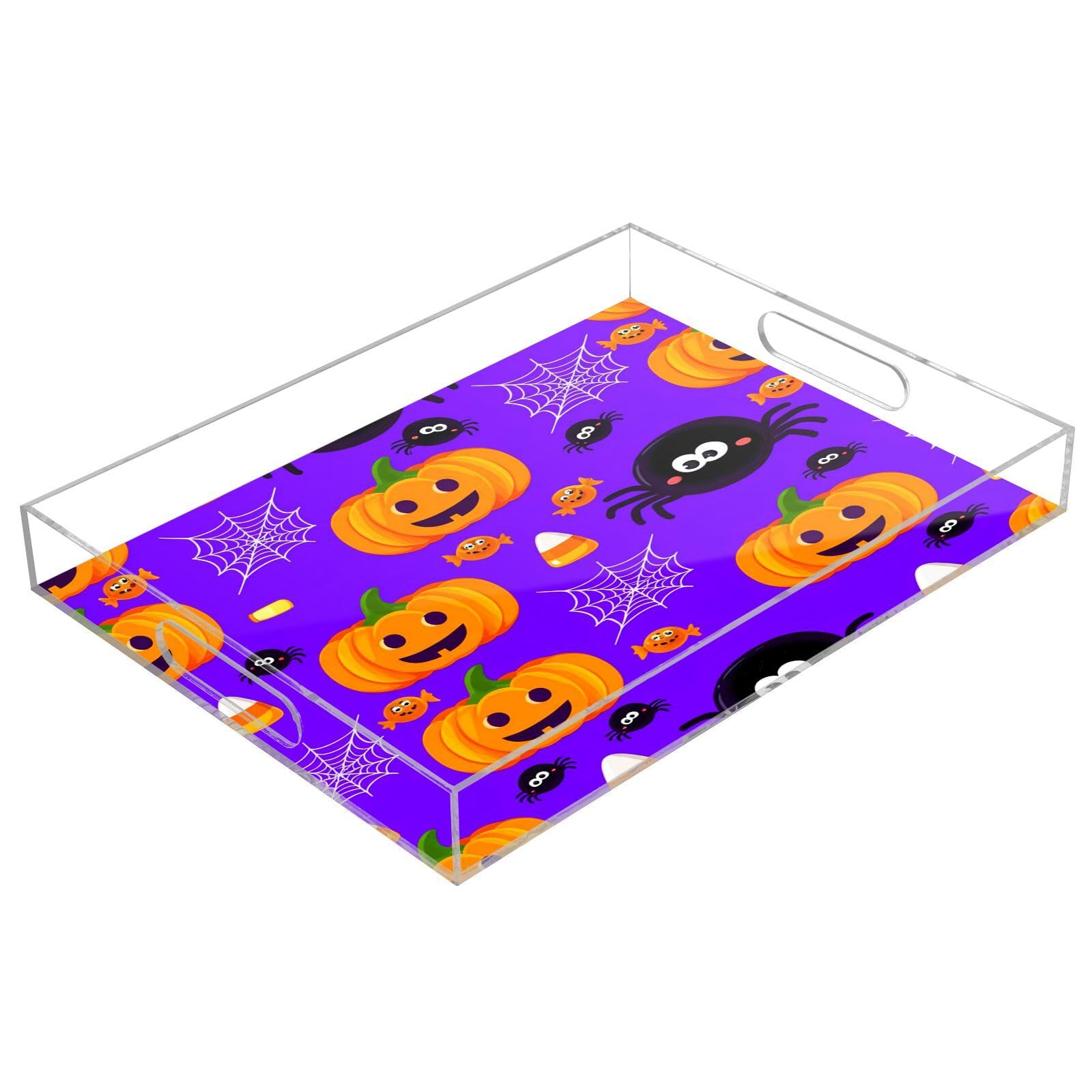 BOESI Halloween Pumpkins and Spiders Acrylic Decorative Dining Tray, Acrylic Decorative Tray Organizer with Handle for Kitchen, Dining Room, Bathroom, Dresser