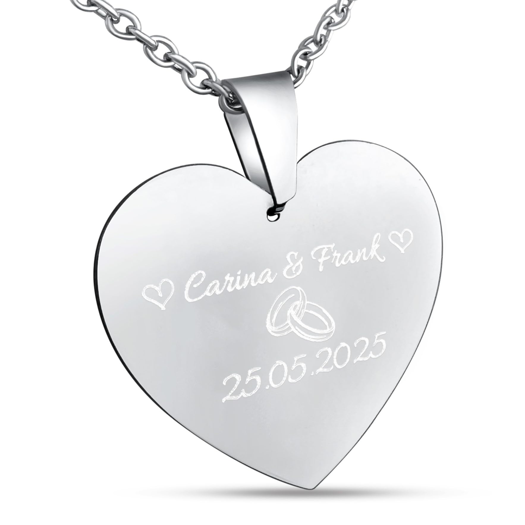 Personalisierte Kette mit Gravur Edelstahl 50 cm mit Anhänger Herz in silber - Personalisierte Halskette für Männer und Frauen - Personalisierter Schmuck Damen Herren