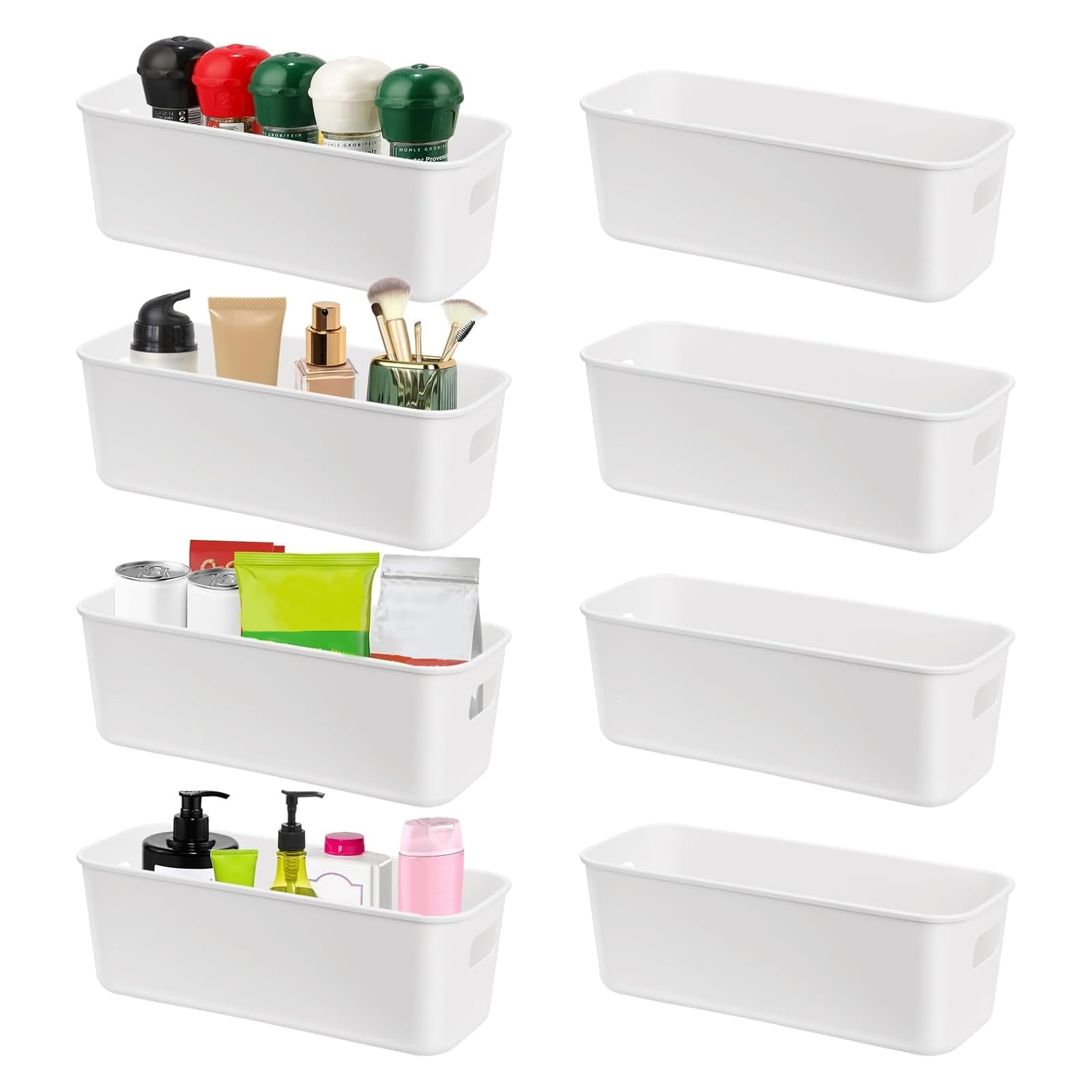 autumndeer 8 pack Narrow Storage Basket, Small White Rectangular Plastic Storage Box with Handle, Stackable Cupboard Organiser for Kitchen, Bathroom Cabinet, Drawers, Fridge, Office, School and Home