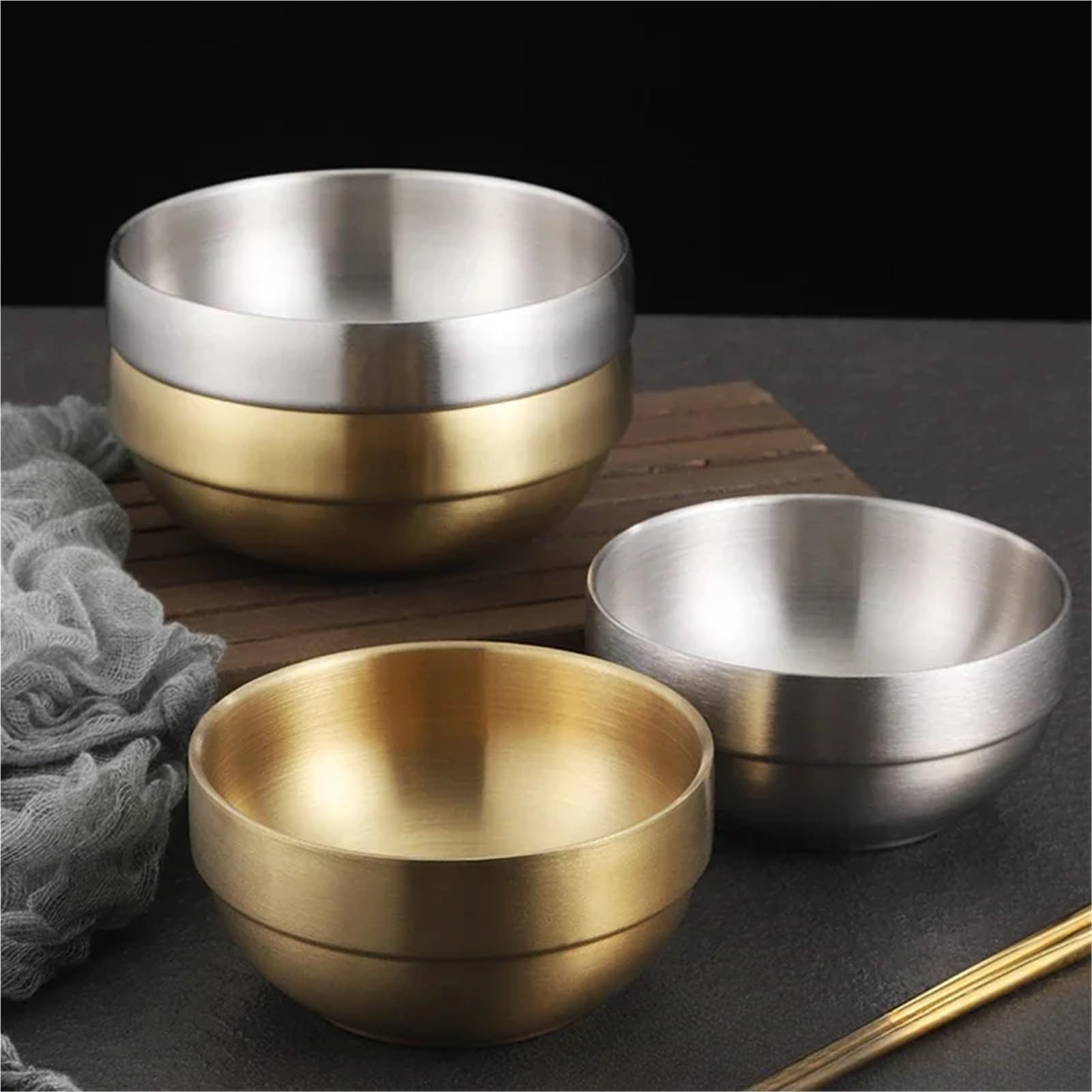 Cuenco de acero inoxidable Tazón De Arroz Acero Inoxidable Doble Capa Dorado, Pequeño, For Uso Comercial, For Sopa Kimchi(SetB)