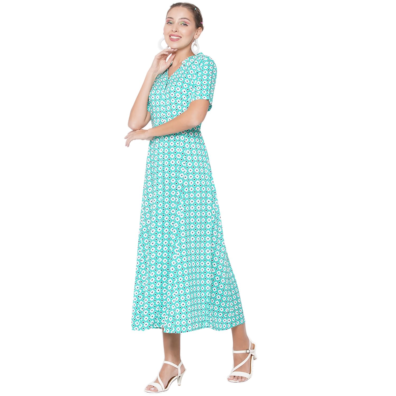 LIANAFASHIONWomen's Long Ankle Length Buttoned Down Checked V Neck Half Sleeve Shirt Collar Dress