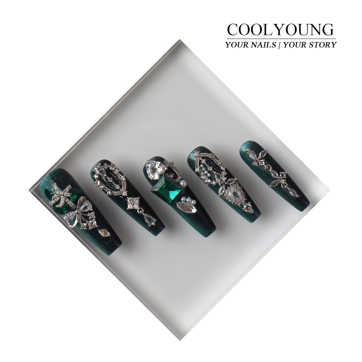 Hand Painted Press On Nails, Press On Nails Coffin Long, Stick On Nails For Women, Press On Nails Rhinestone, Green Press On Nails, COOLYOUNG Luxury Nails, 10 PCS, Size M