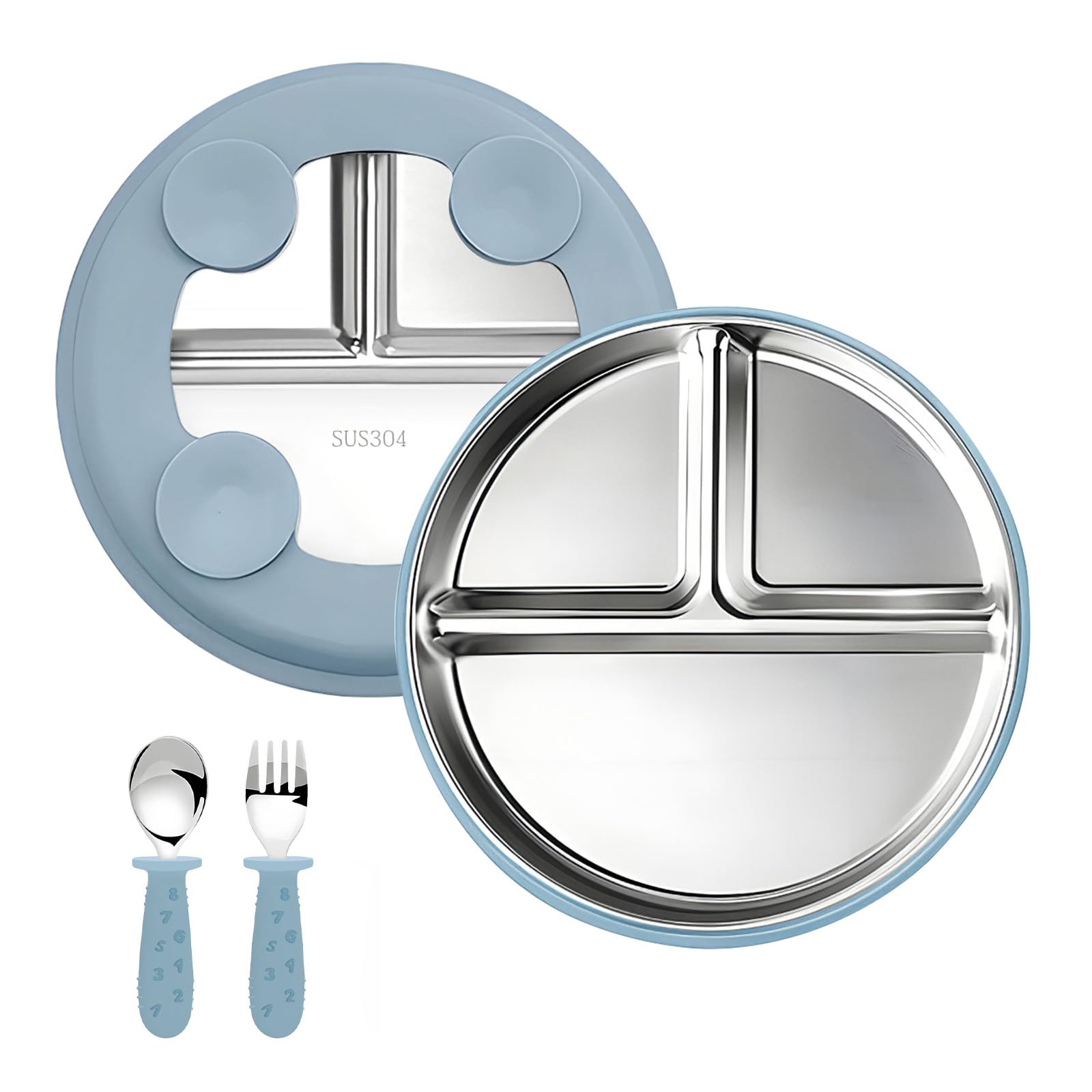 Set d'Assiettes Compartimentées pour Bébé – Assiettes en Acier Inoxydable avec Ventouse en Silicone, Couverts Bébé, Vaisselle Enfant pour Repas Sans Débordement, Sans BPA – Inclut Cuillère & Fourchett