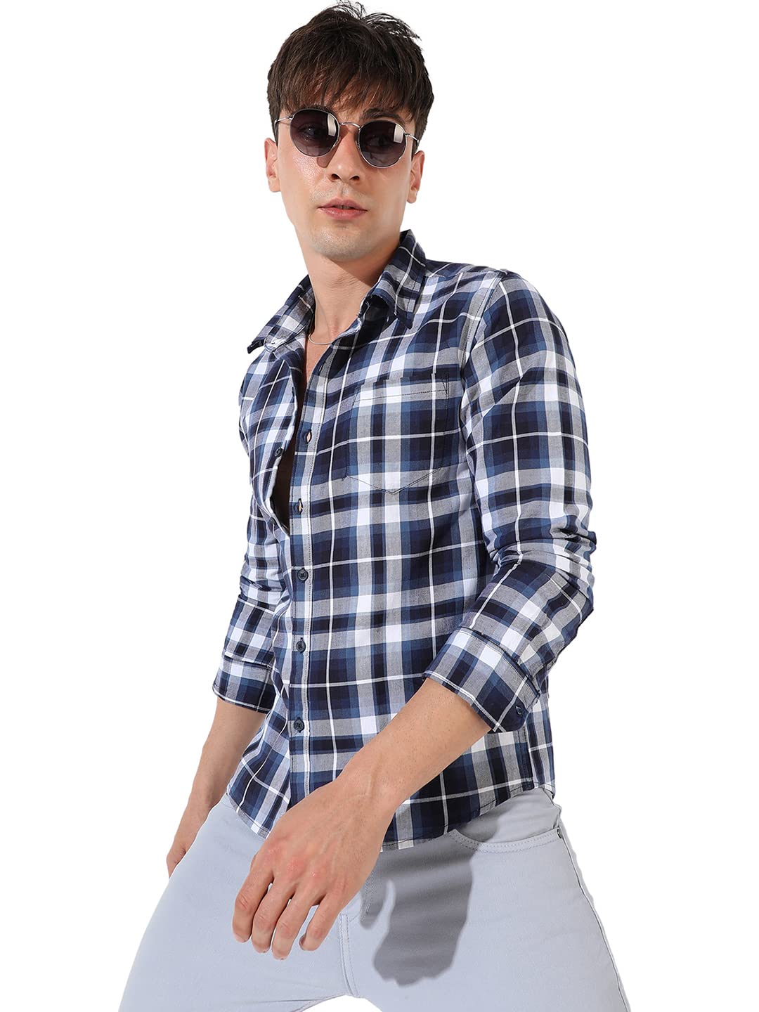 Campus SutraMen's Blue Checkered Collared Button Up Shirt for Casual Wear | Shirt Crafted with Regular Sleeve, Comfort Fit & High-Performance for Everyday Wear