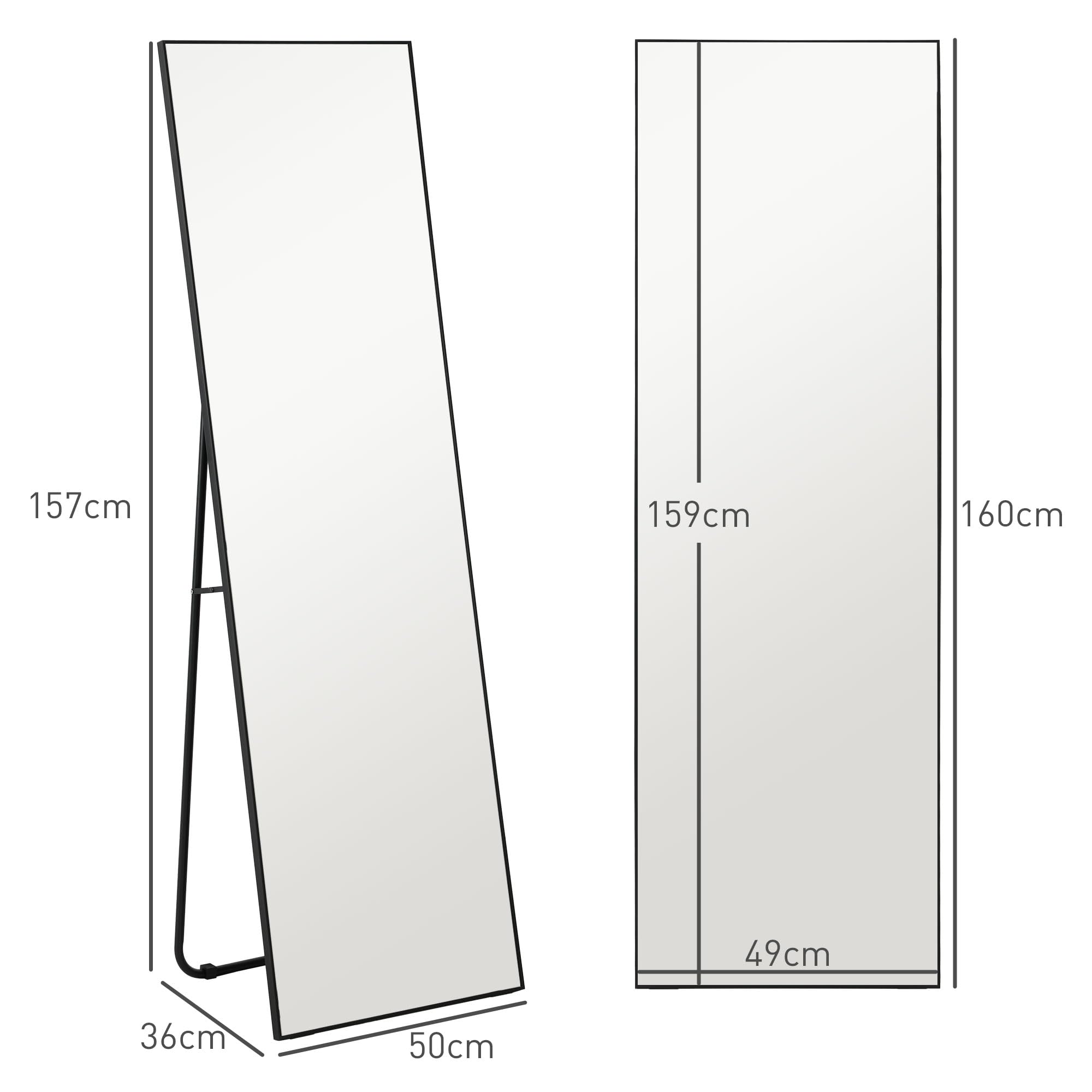 HOMCOM Specchio a pavimento rettangolare a figura intera 50x160cm Nero | Montaggio a parete o appoggiato a parete, per camera da letto, soggiorno e spogliatoio