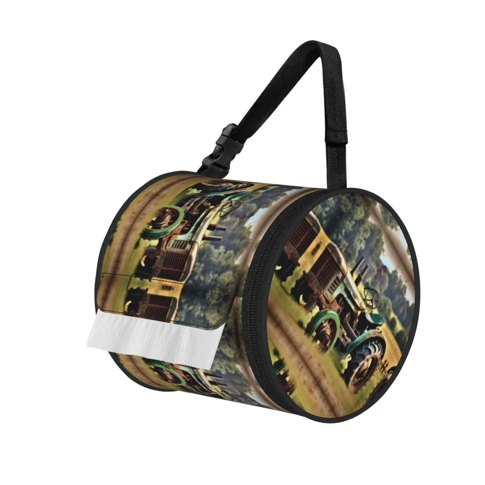 Jiuty Black Old Tractor Photo Farm Print Cylinder Tissue Organizer Bag With Strap, Portable Toilet Roll Holder For Camping Car