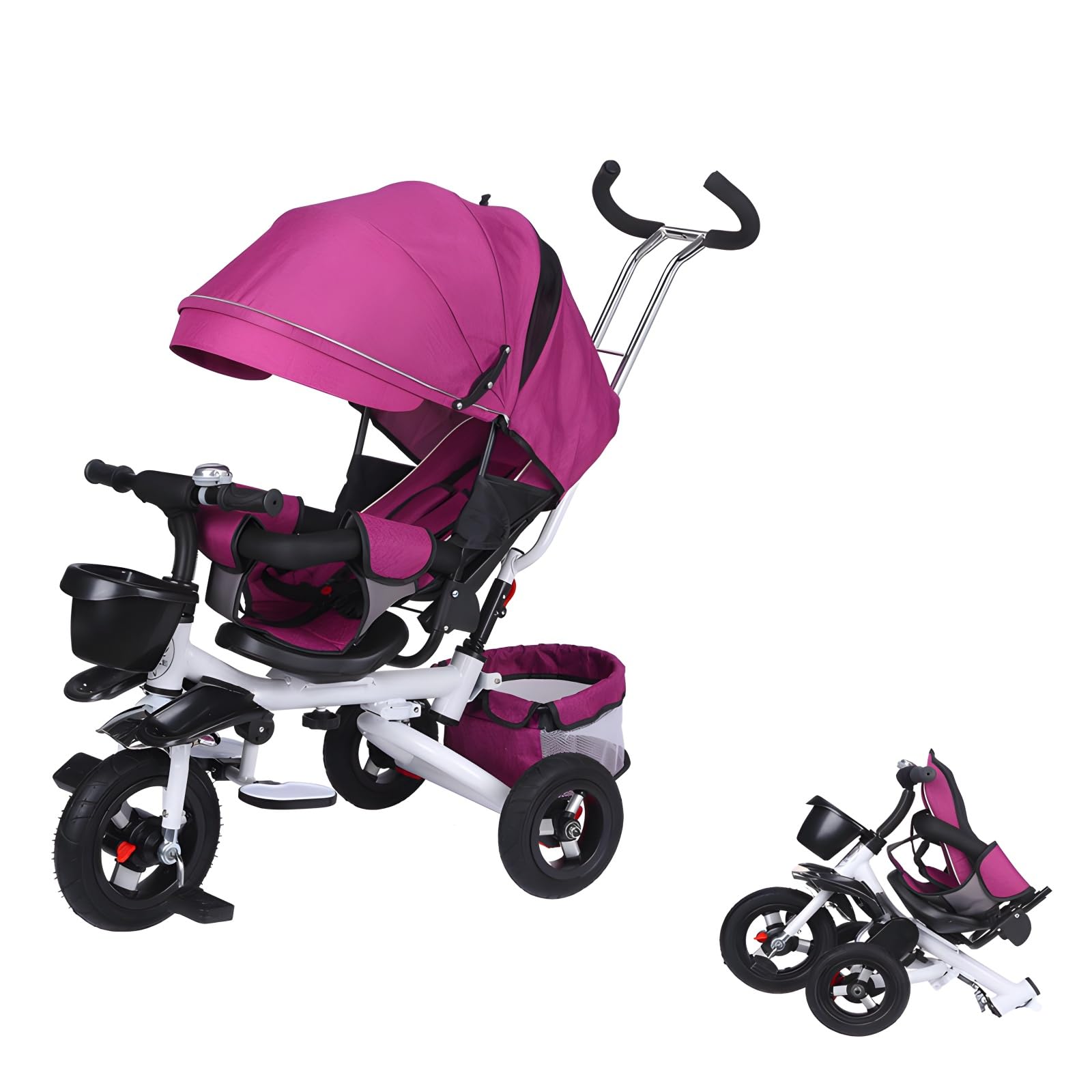 LHTJHP Tricycle Stroller, 4 in 1 for 18 Months -5 Year Old,Adjustable Push Handle, Rotatable Seat, Retractable Canopy, Folding Baby Trike w/Detachable Guardrail,White + Purple
