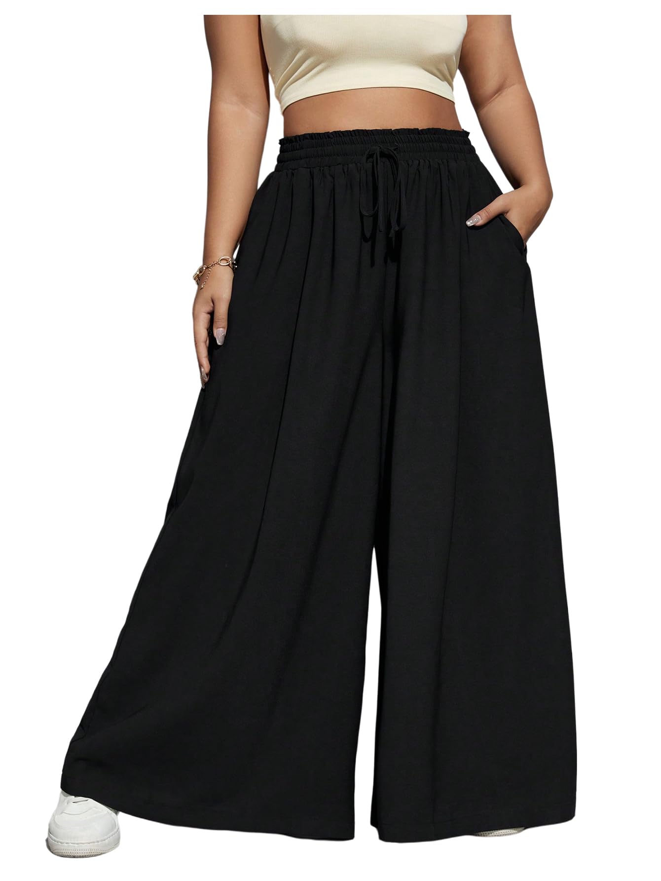 OYOANGLE Womens Plus Size Flowy Palazzo Pants Drawstring High Waist Wide Leg Trousers with Pocket