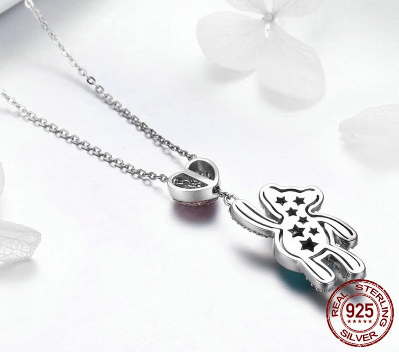 100% Argento Sterling 925 Rosa CZ Cuore e Simpatico Orso Animale collane con Ciondolo per Le Donne Gioielli in Argento Regalo