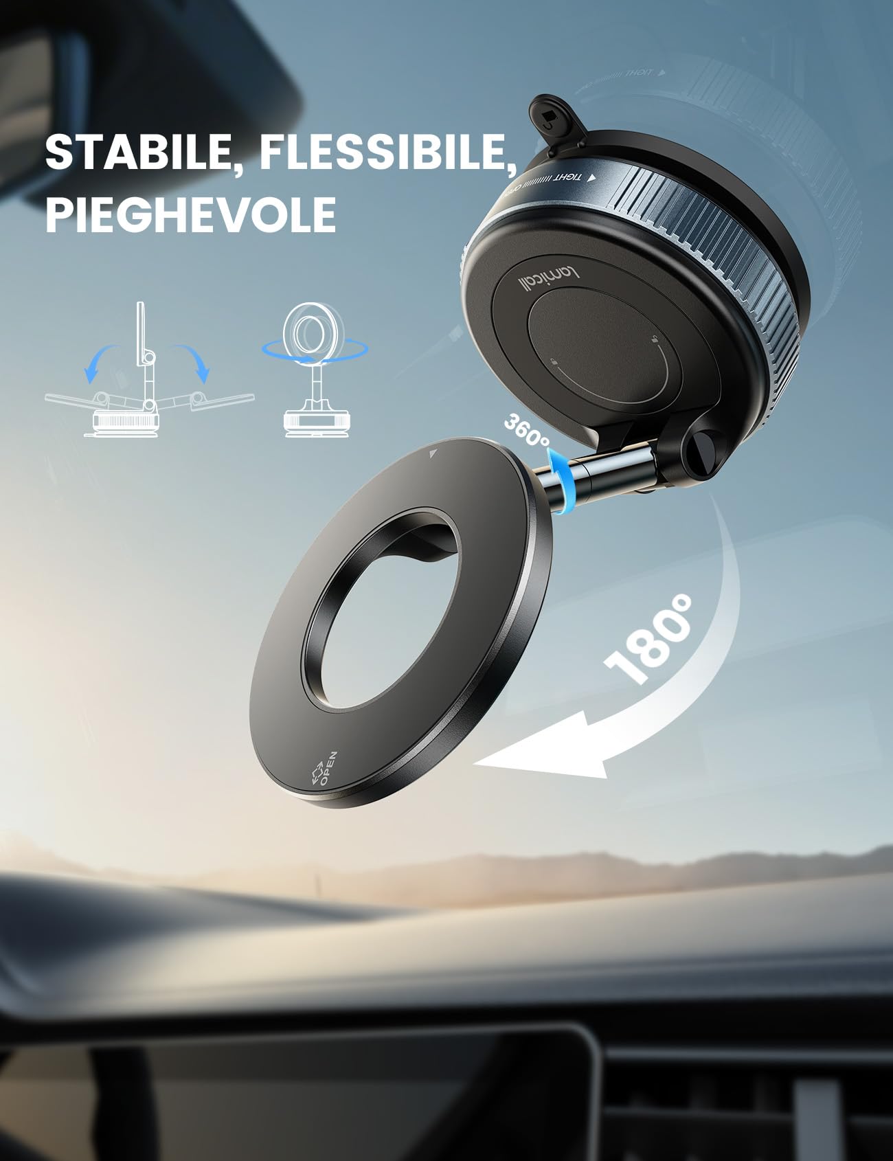 Lamicall Supporto Telefono Auto per MagSafe - [Ventosa Sottovuoto & 24X N55] 360° Rotazione, Portacellulare Auto per Cruscotto/Parabrezza, Supporto Magnetico per iPhone 17 16 15 14, Altri Smartphone