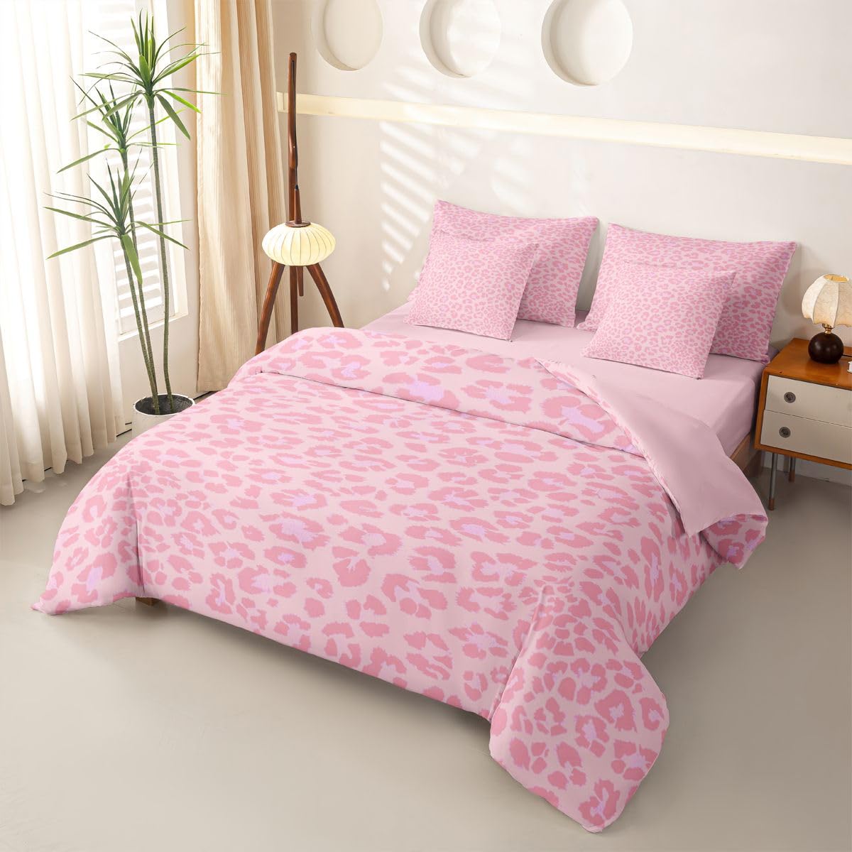 Loussiesd Set di biancheria da letto per bambini con stampa leopardata rosa, per letto singolo, 7 pezzi, per bambini, ragazzi, ragazze, safari, con copripiumino, lenzuola, federe, federe