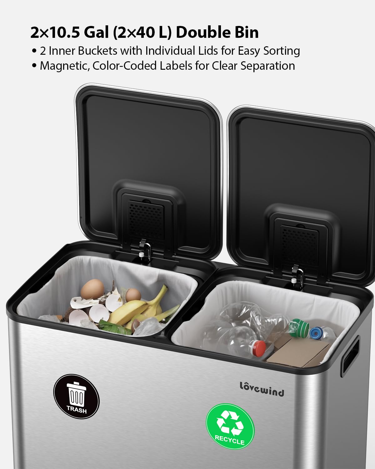 Lovewind Trash Can, 2 x 10.5 Gallon (2 x 40 L) Garbage Can for Kitchen Dual Compartment Recycling Kitchen Step Trash Bin, Stainless Steel Trash and Recycle Bin Combo with Soft-Close Lid, Silver