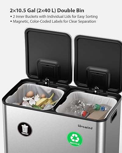 Miniatura 3 de Lovewind Bote de basura, 2 botes de basura de 10.5 galones (2 x 40 L) para cocina, doble compartimento, bote de basura con pedal para cocina y