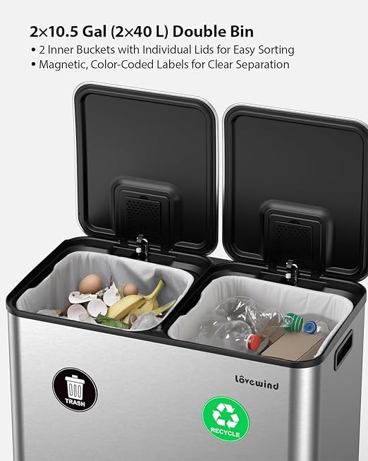 Caneca de Basura Lovewind 2 x 10.5 Galones Acero Inoxidable Plateado miniatura 3