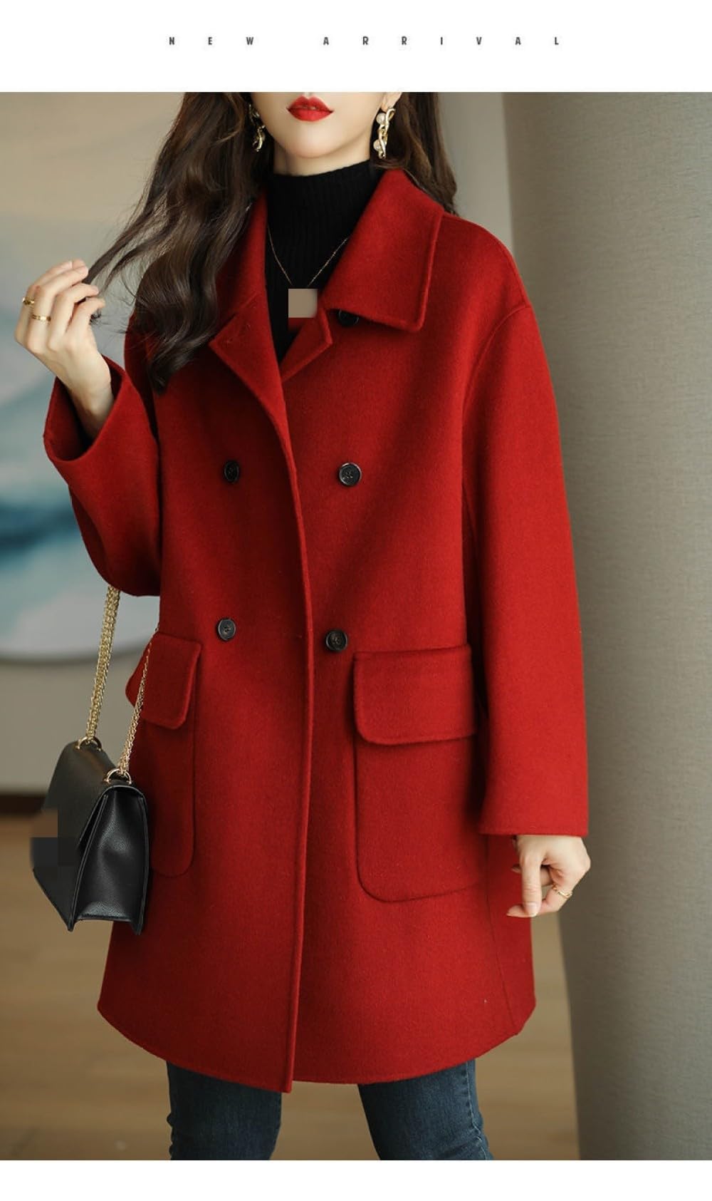 Cappotti di Lana da Donna Giacche Trench Midi,Maniche Lunghe Rosse Tinta Unita Colletto Rovesciato Bottoni Doppiopetto Capispalla Autunno Inverno Capispalla Casual di Transizione con Tasca