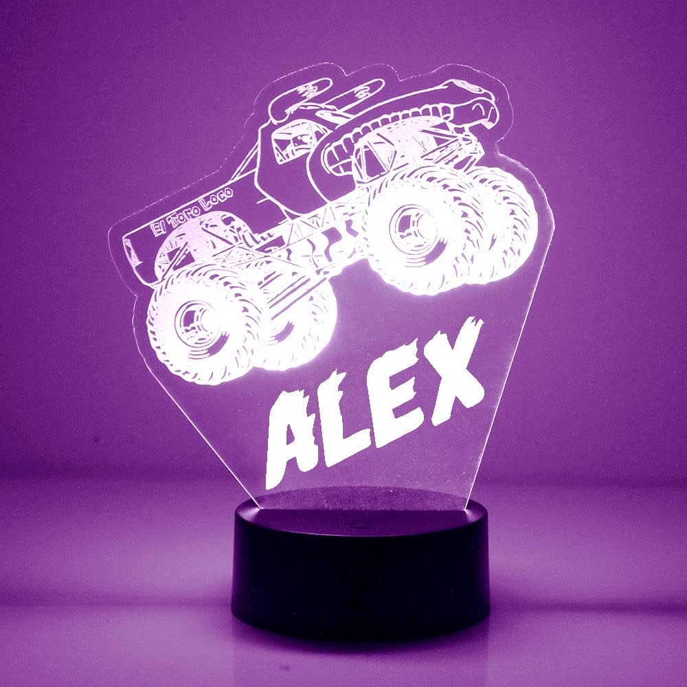 Custom Monster Truck LED Sign Night Light Lamp with Remote, Light Up Display with Personalized Name or Image, Customized, Made in The USA, Clear Acrylic Home Decor Design with 16 Colors, 4 Modes