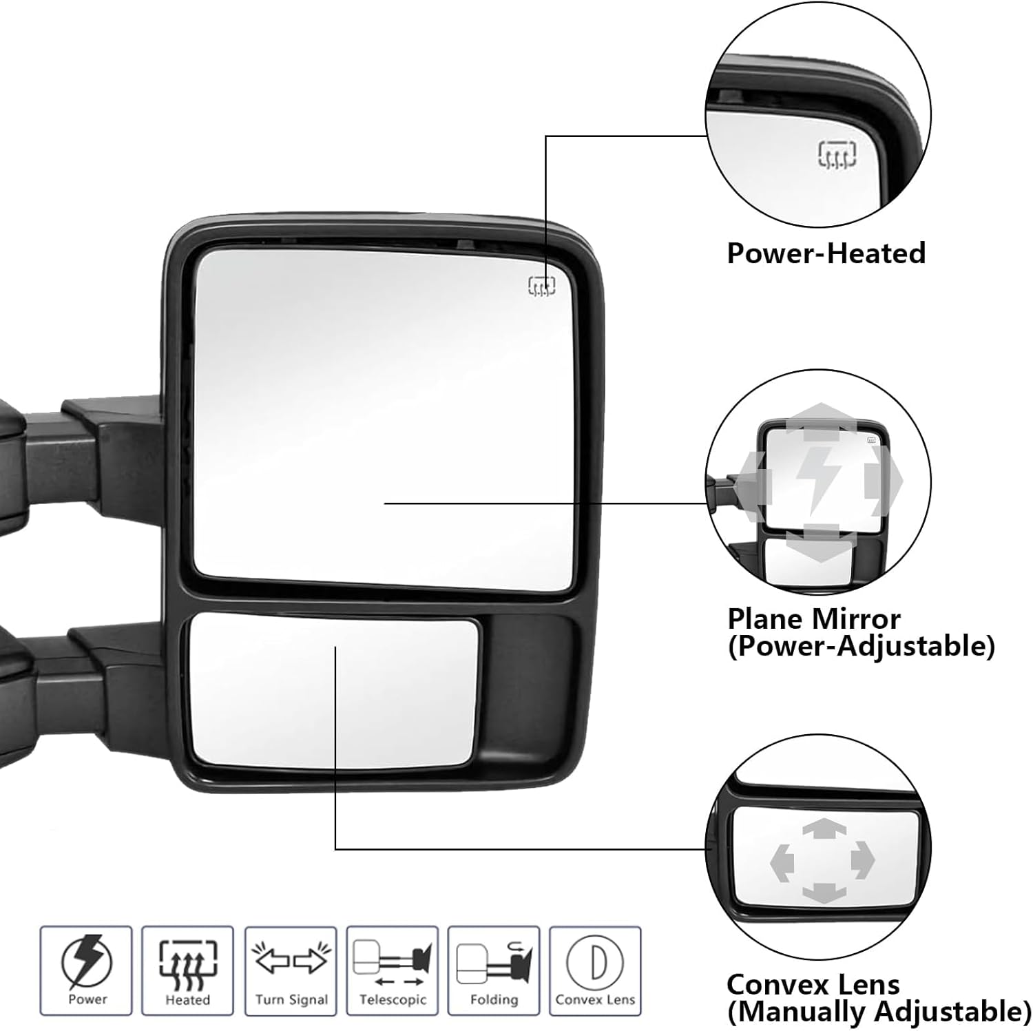 Towing Mirrors Left & Right Pair Set For 99-07 F-250 F-350 F-450 F-550 Super Duty, 01-05 Excursion, Power Heated,Amber Signal Light, Black Mirror Lh Rh Driver Passenger Door Replacement