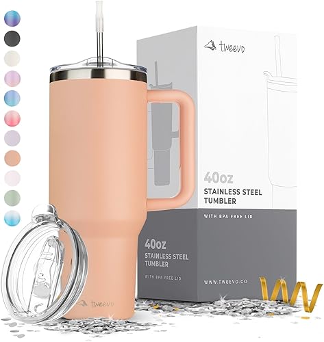 Vaso de 40 onzas con tapa y popote de acero inoxidable, con aislamiento al vacío de doble pared con asa, a prueba de sudor, de fácil agarre, sin