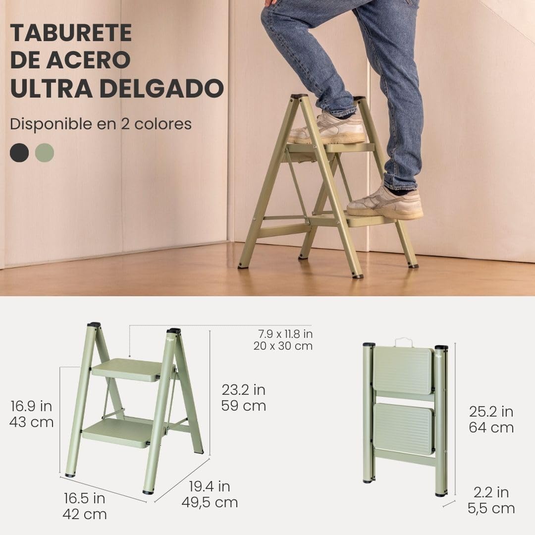 Vigar Escalera Plegable - 2 Peldaños de Acero, Taburete Plegable Portatil Antideslizante con Asa Metal, Taburete Escalera Banquito Step Stool hasta 150 kg, Compacto Ligero para Cocina Hogar - Verde