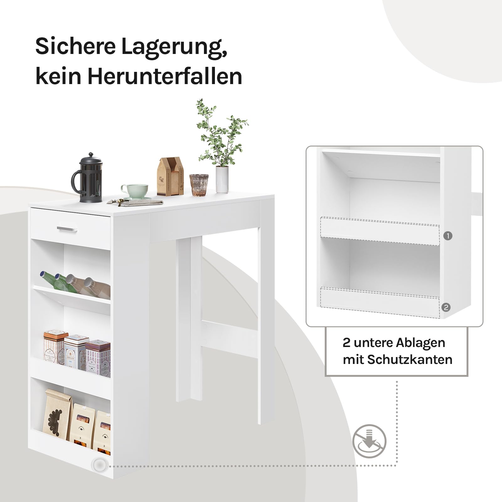 WOLTU Bartisch, Stehtisch mit 1 Schublade & 3 Ablagen, Küchentisch mit Weinregal, Bistrotisch für Bar Küche Wohnzimmer Esszimmer (Mit Brett, Weiß, 100 x 50 x 100 cm)