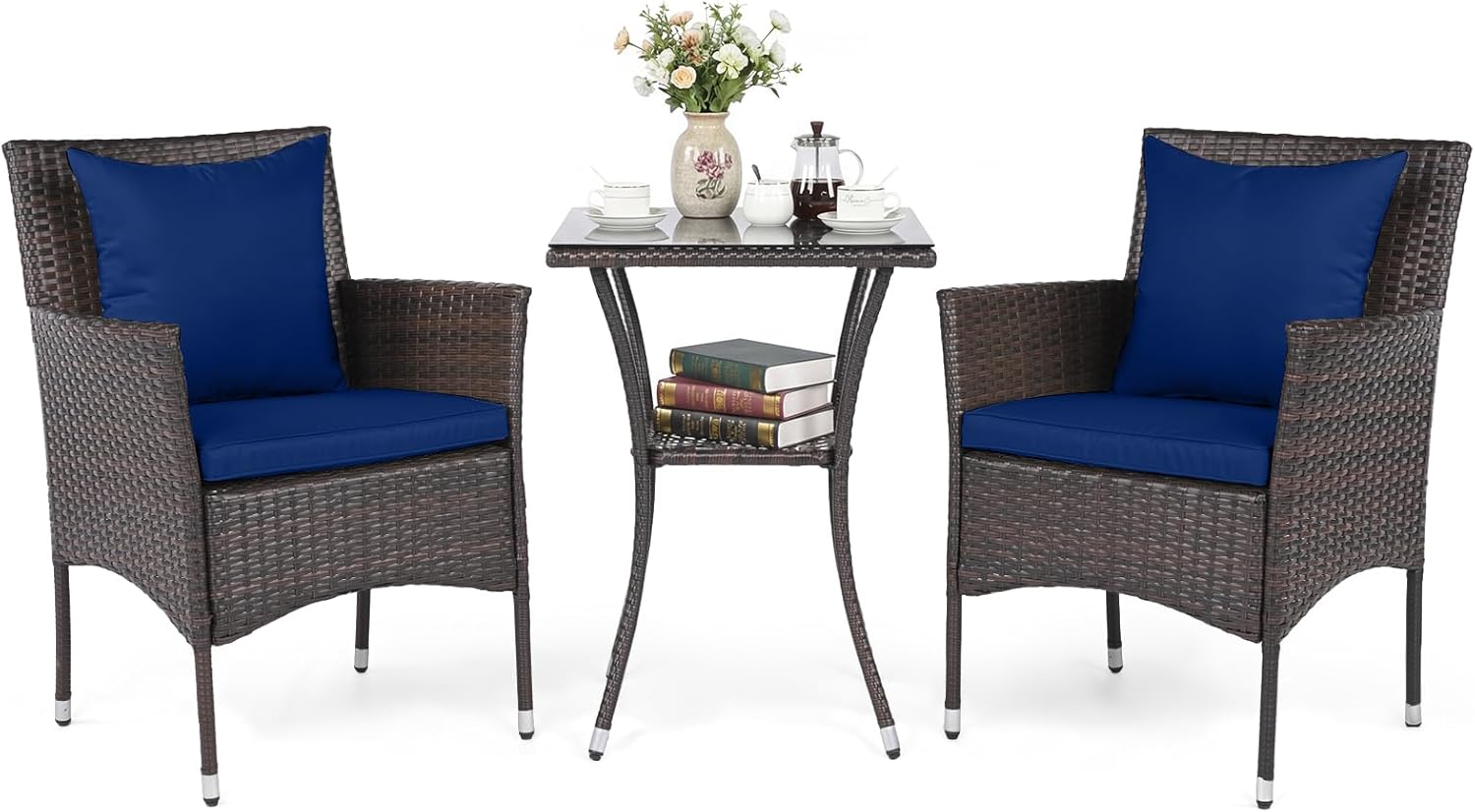 Tangkula 3 Pieces Patio Wicker Bistro Set, 2 Rattan Chairs w/ 2-Tier Tempered Glass Table, Outdoor Conversation Furniture Set with Cushions for Backyard, Porch, Poolside (Mix Brown+Navy)