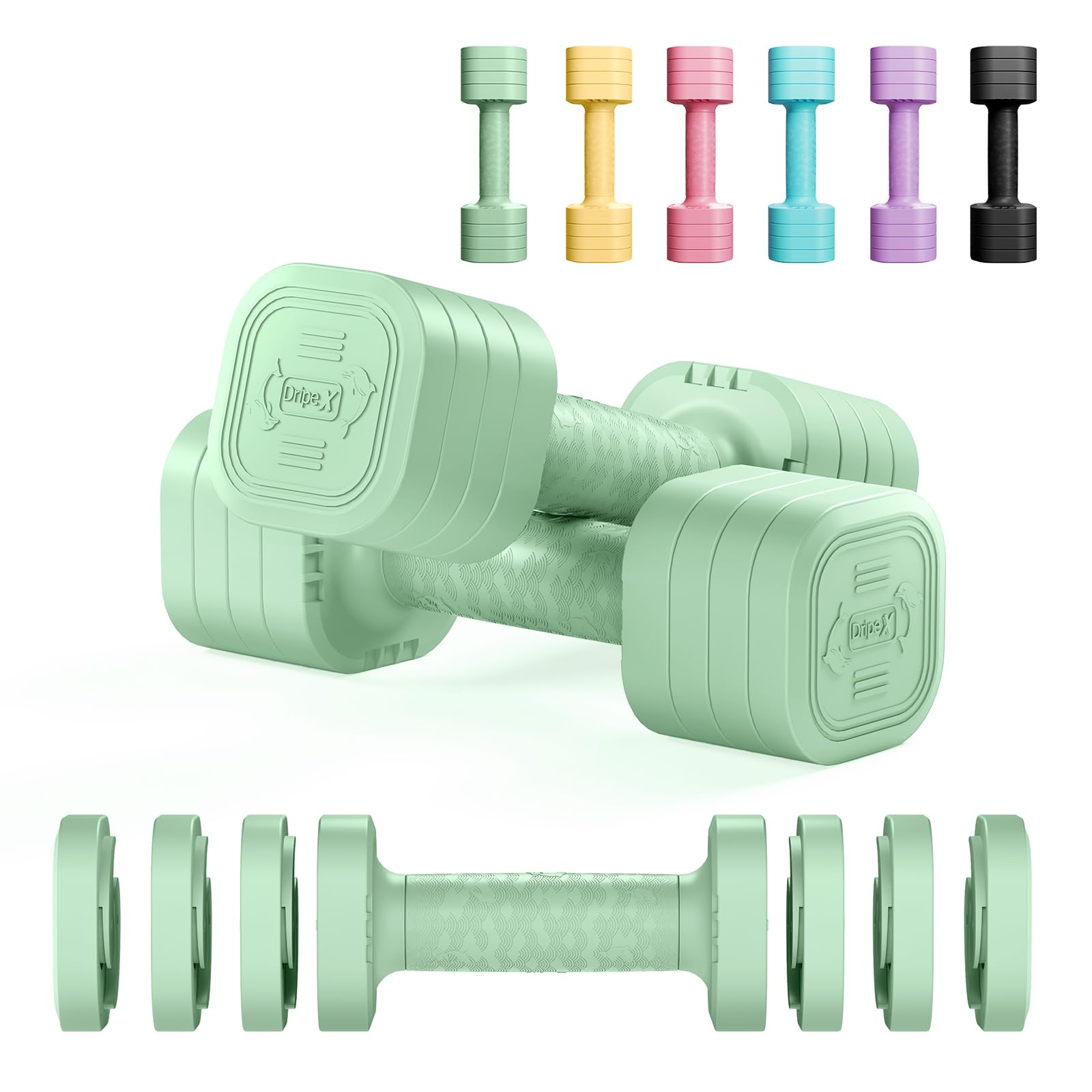 Dripex Adjustable Dumbbells Weight Set 2.5kg 5kg 10kg Dumbbell Pair, 4-in-1 Weight Dumbbells Set Women Men with Non-Slip Handle Home Gym Fitness-Pea Green/2.5kgX2