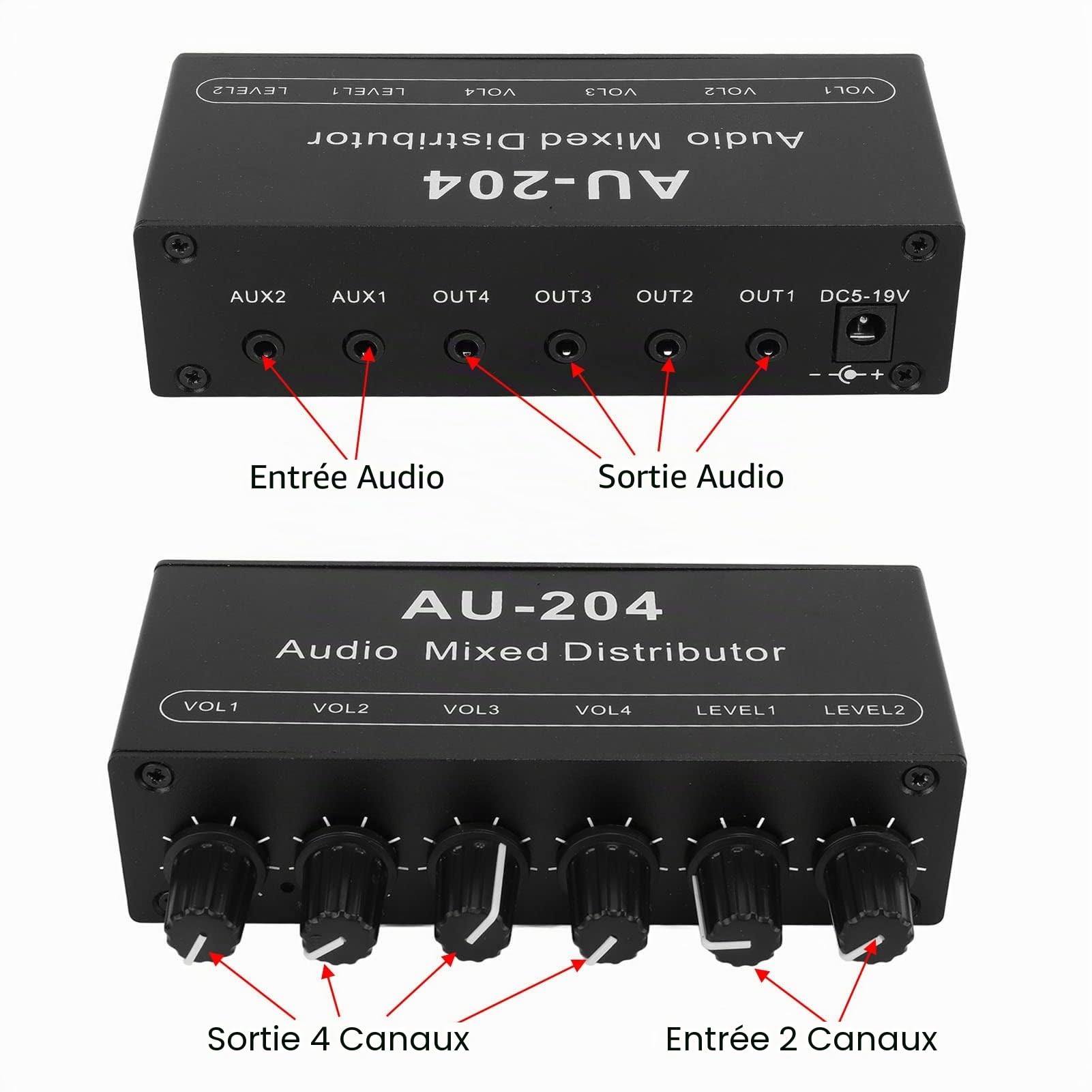 Mini Petit Préampli Audio Stéréo 2 Entrées et 4 Sorties, 3,5 Mm, Contrôlé Individuellement, Amplificateur de Casque, Répartiteur Audio Stéréo