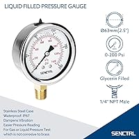 Vista 2 de SENCTRL 0-200 Psi Presión de Líquido Llenó de Glicerina, Medidor de Presión con Esfera de 2.5 Pulgadas, Montaje Inferior de 1/4 Pulgada NPT, Caja