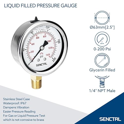 Miniatura 2 de Medidor de presión relleno de líquido de glicerina de 0-200 psi, tamaño de dial de 2.5", montaje inferior NPT de 14", caja de acero inoxidable, para