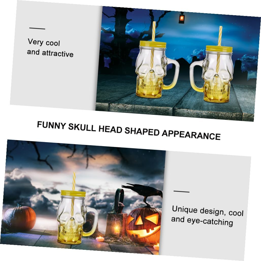 2pcs 500ml Halloween Gradient Skull Glasses with Handle, Party Beer and Cocktail Drinkware Set, Glass Beverage Cups with Lid and Straw for Adult Halloween Decor Random Color