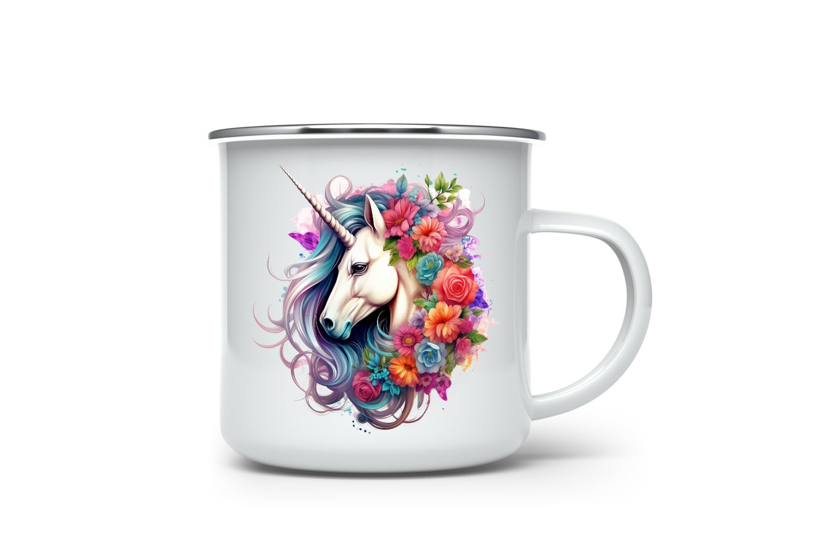 MAXIKIWI - Durable Enamel Coffee or Tea Camping Mug for Indoor Outdoor Use - Watercolor Unicorn Illustration - 350ml