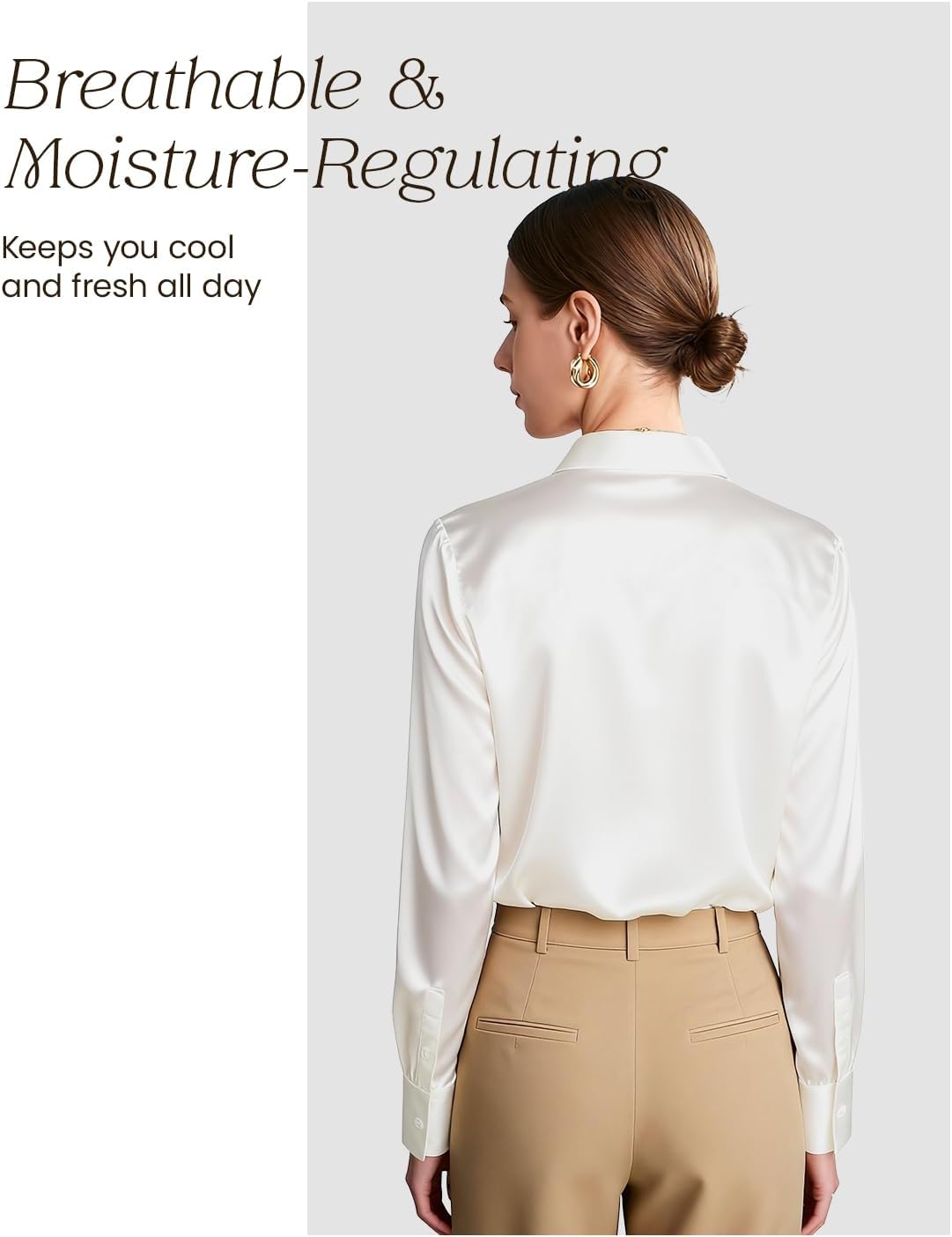 Womens 100% Mulberry Silk Blouse, 22 Momme Silk Collared Neck Long Sleeve Button Down Shirts, Elegant Casual Work Top