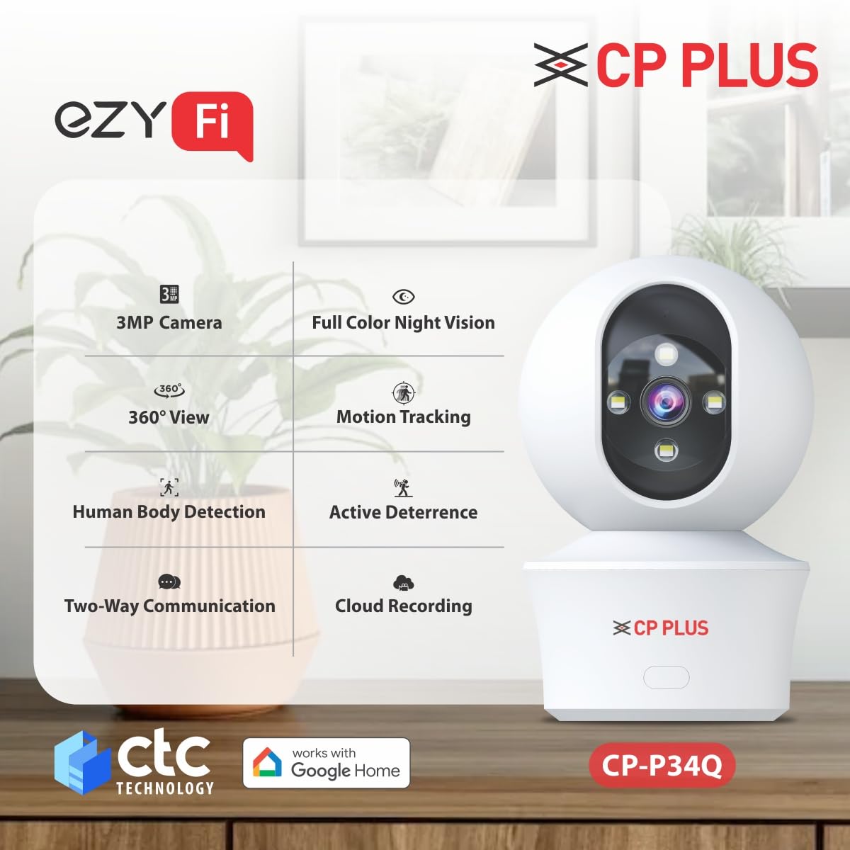 CP PLUS 3MP Smart Wi-Fi CCTV Camera for Home with 360° Pan & Tilt | View & Talk | Smart Detection Suite | Night Vision 30 Mtr | Cloud Recording | CTC Cyber Secure Tech | EZ-P34Q — Amazon image 2
