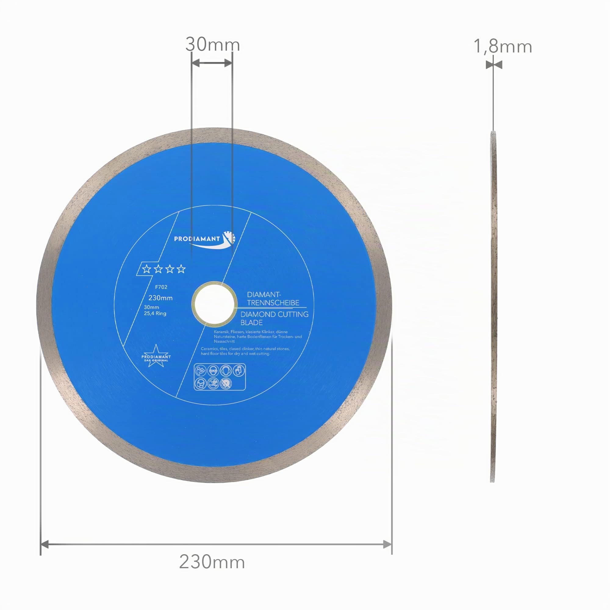 PRODIAMANT Disque à tronçonner diamanté Carrelage professionnel 230 mm x 30/25,4 mm F702 ProRim pas d'éclats pour les carreaux émaillés Grès cérame et pierre naturelle