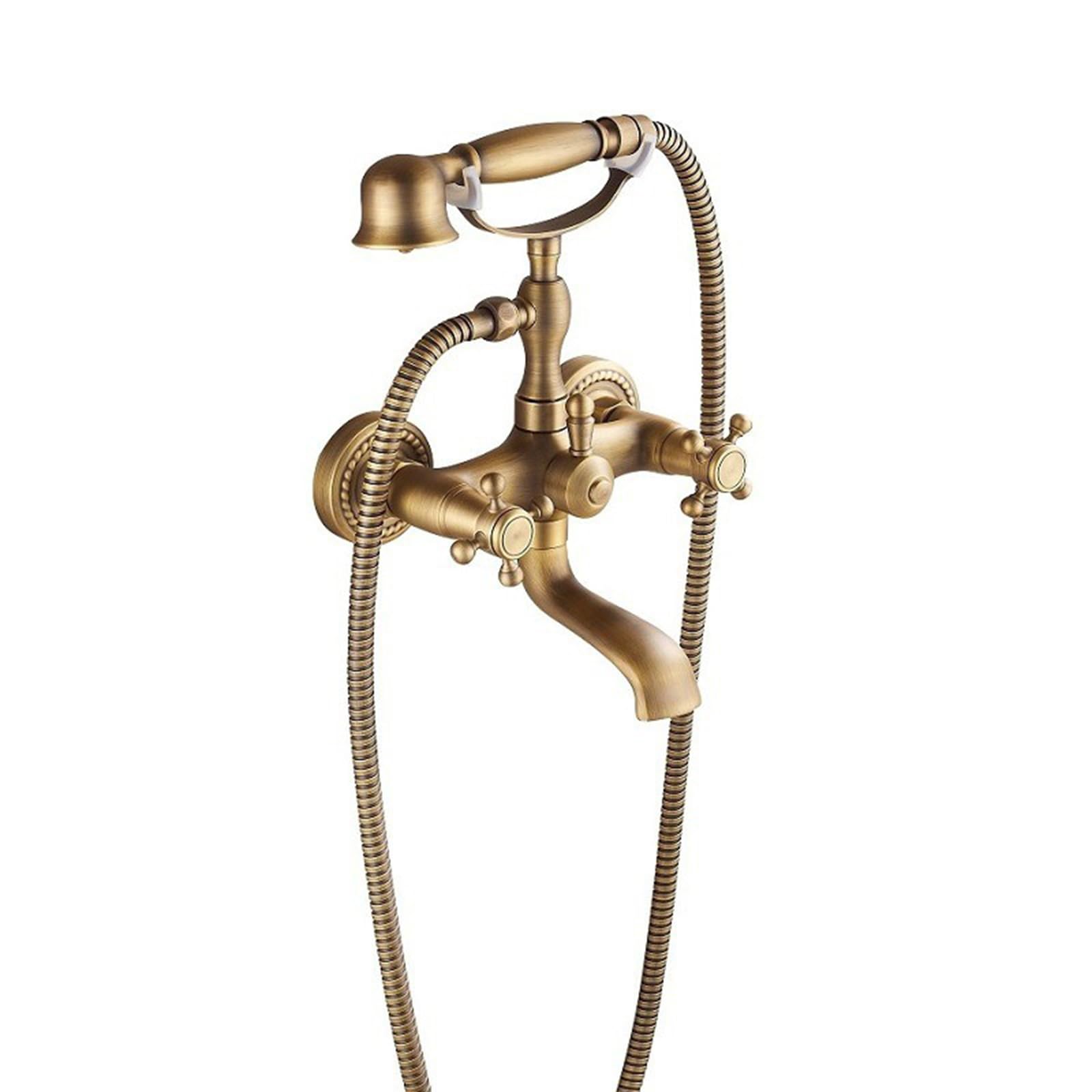 GLJTUO Shower system, Antique Brass Clawfoot Tub Faucet Double Cross Handle Wall Mounted Bathtub Faucet With Hand Shower Brass Wall Mounted Bathtub Faucet Set