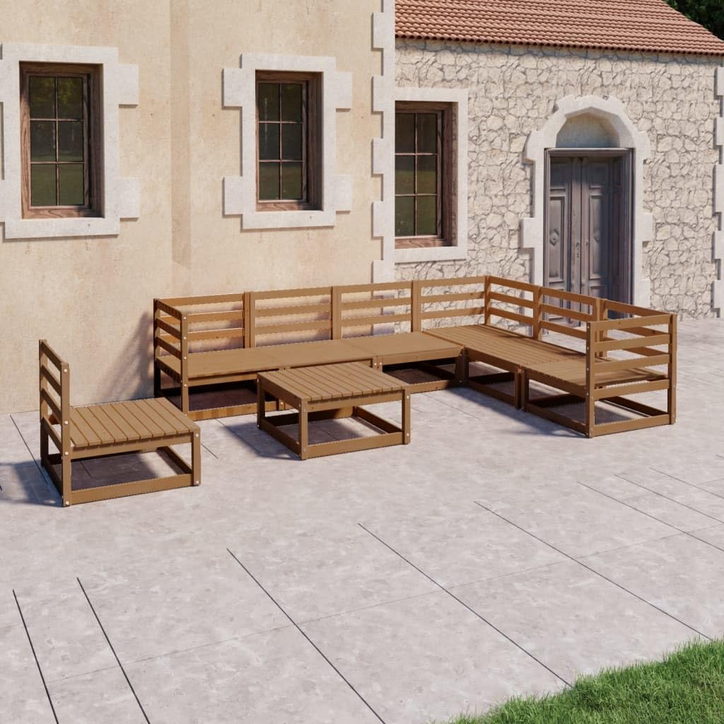 Juego de 8 muebles de jardín de madera maciza, color marrón miel, 70 x 70 x 67 cm, diseño moderno, resistente y resistente a la intemperie, muebles de jardín para balcón, terraza y