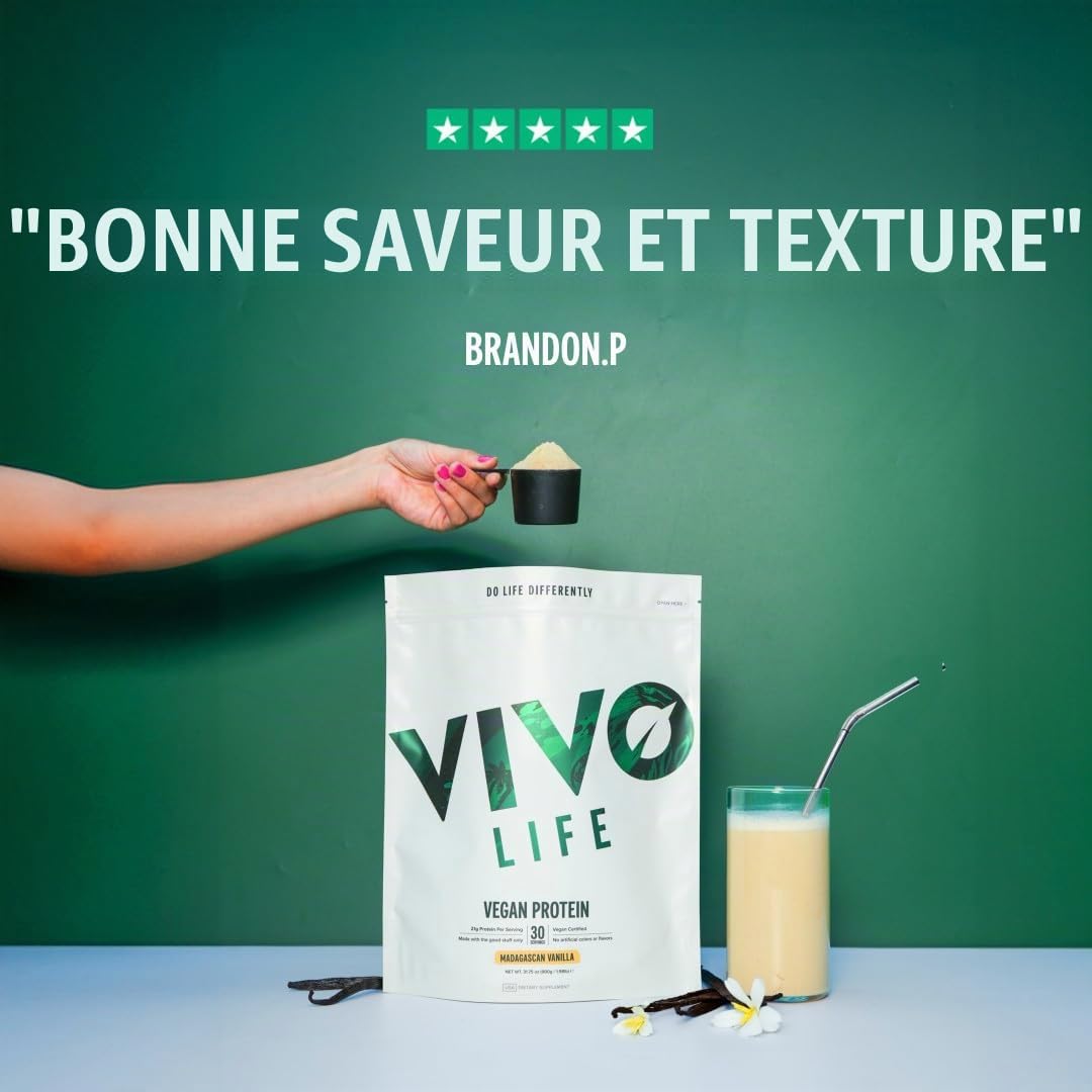 Vivo Life Vegan Protein Powder - 21 grammes de protéines végétales par portion, 30 portions (900g) - Avec du sel de l'Himalaya du Punjab Pakistan (Vanille)