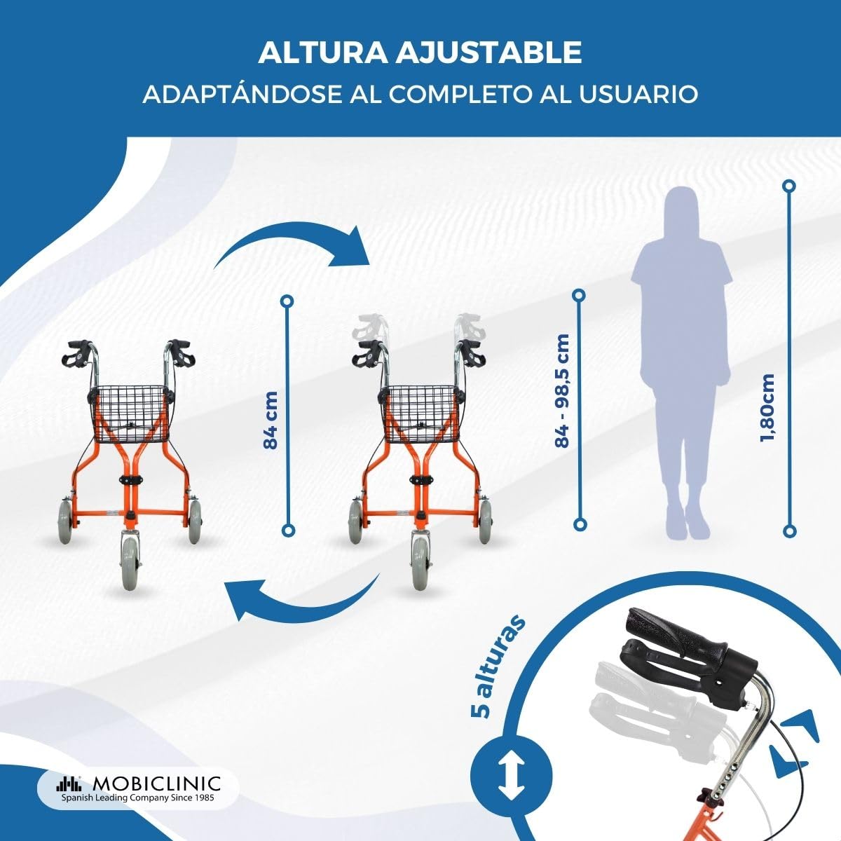 Mobiclinic®, Andador plegable 3 ruedas, Caleta, Cesta con tapa y bolsa, Frenos en manetas, Regulable altura, Marca española, Ligero, Estructura manejable, Pequeñas, Naranja