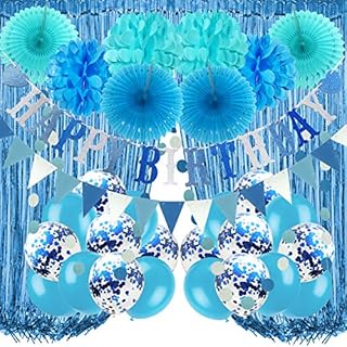 Recosis Birthday Party Decorations, Blue Party Decorations for Boy Men, Happy Birthday Banner, Curtains, Paper Pompoms and Fans, Garland, Confetti Balloons for Birthday Party Decorations