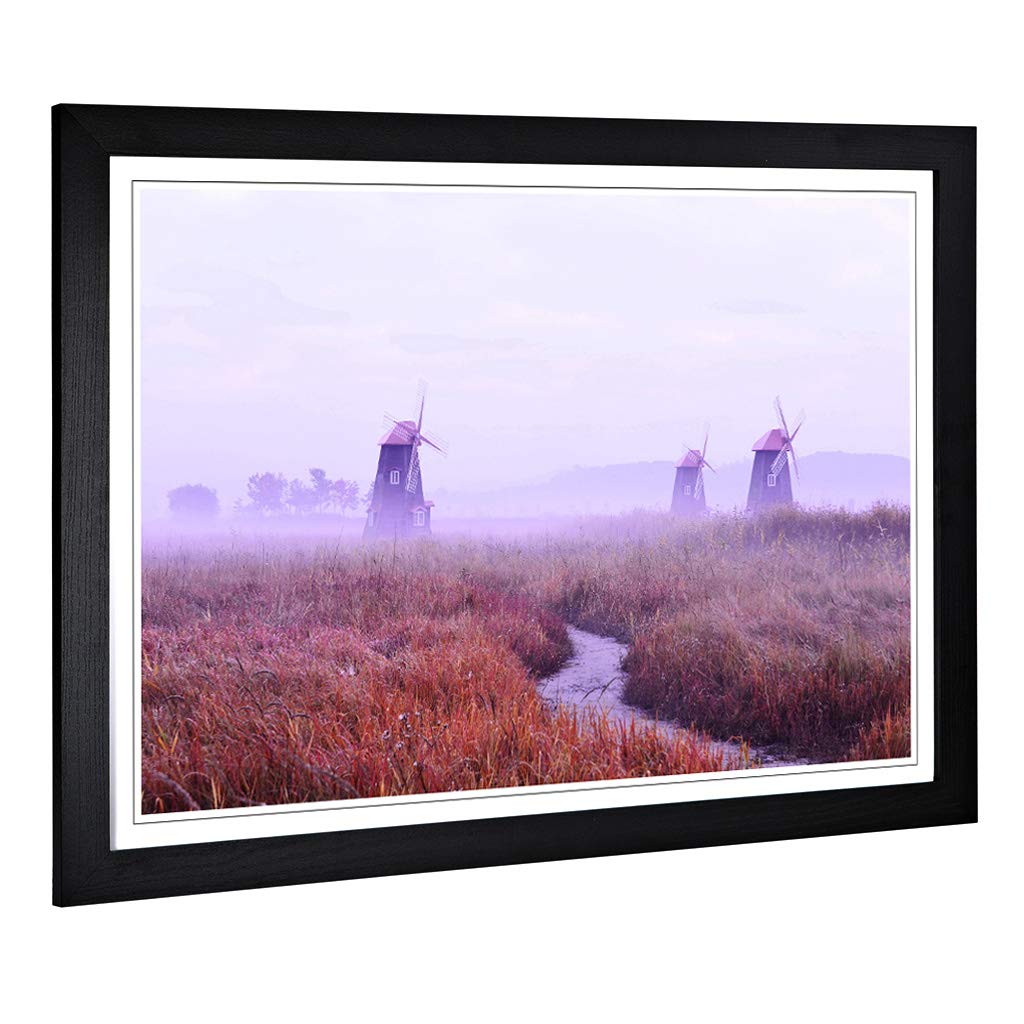 Big Box Art Framed Print of Landscape Windmill & Stream Design | Wall Art Picture | Home Decor for Kitchen, Living, Dining Room, Bedroom, Hallway, Office, Black, A2 / 24.5x18 Inch / 62x45cm