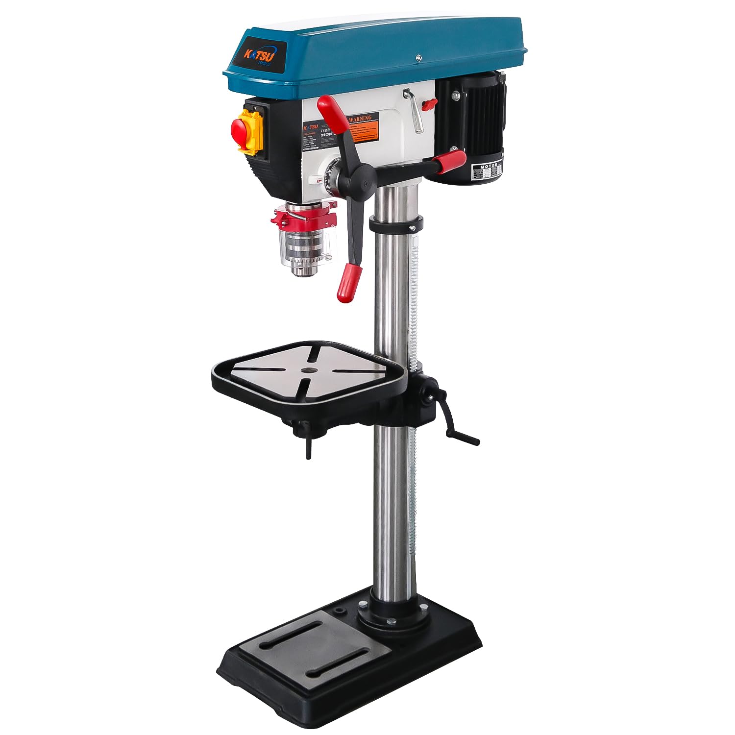 KATSU Tools Prensa de taladro de pilar de banco industrial de 900 W + portabrocas de 20 mm + interruptor electrónico de velocidad variable de 12 velocidades + profundidad máxima de perforación de 85