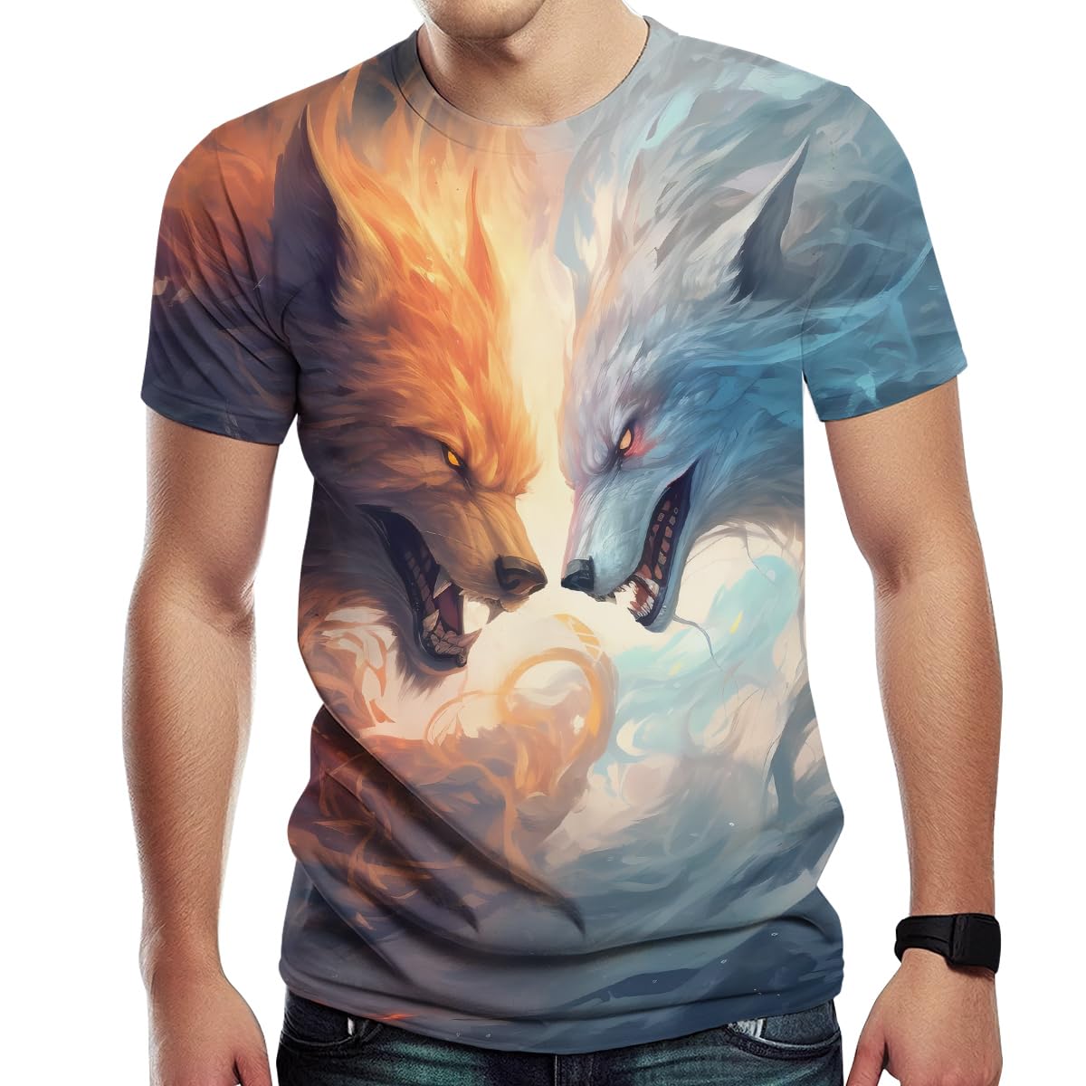 Girren Men's Fire Wolf Pack Pattern T-Shirt 3D Printed T-Shirt Novelty Pattern T-Shirt Fashion Top, Black1, Medium