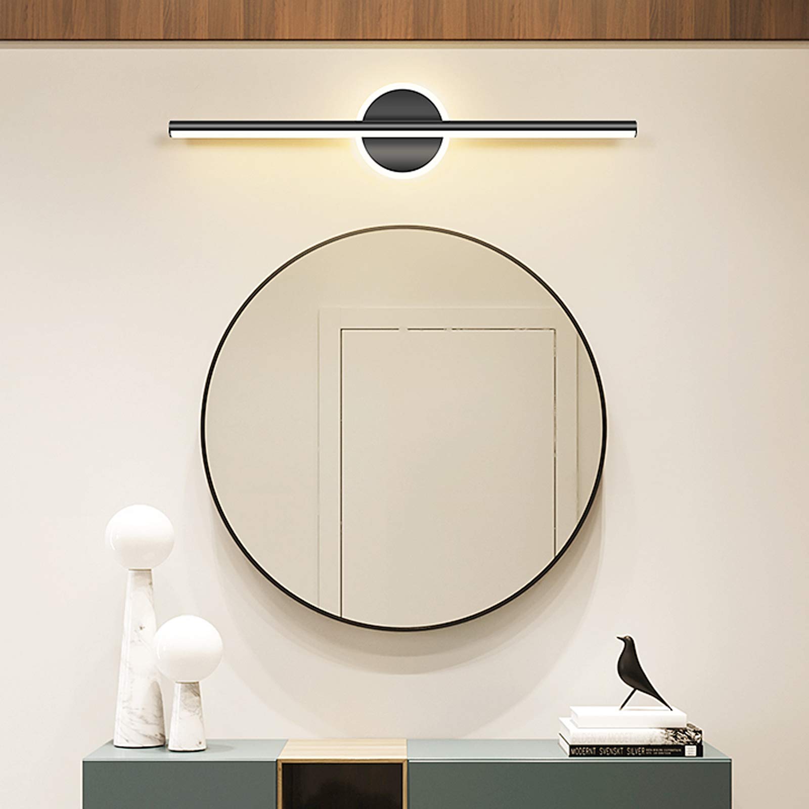 LANMOU Modern LED Bathroom Mirror Light, Gold/Black IP44 Waterproof Bath Mirror Front Light, LED Makeup Mirror Light, Bathroom Over Mirror Wall Lamp, 3 Color Temperature,Black Round,60CM/13W