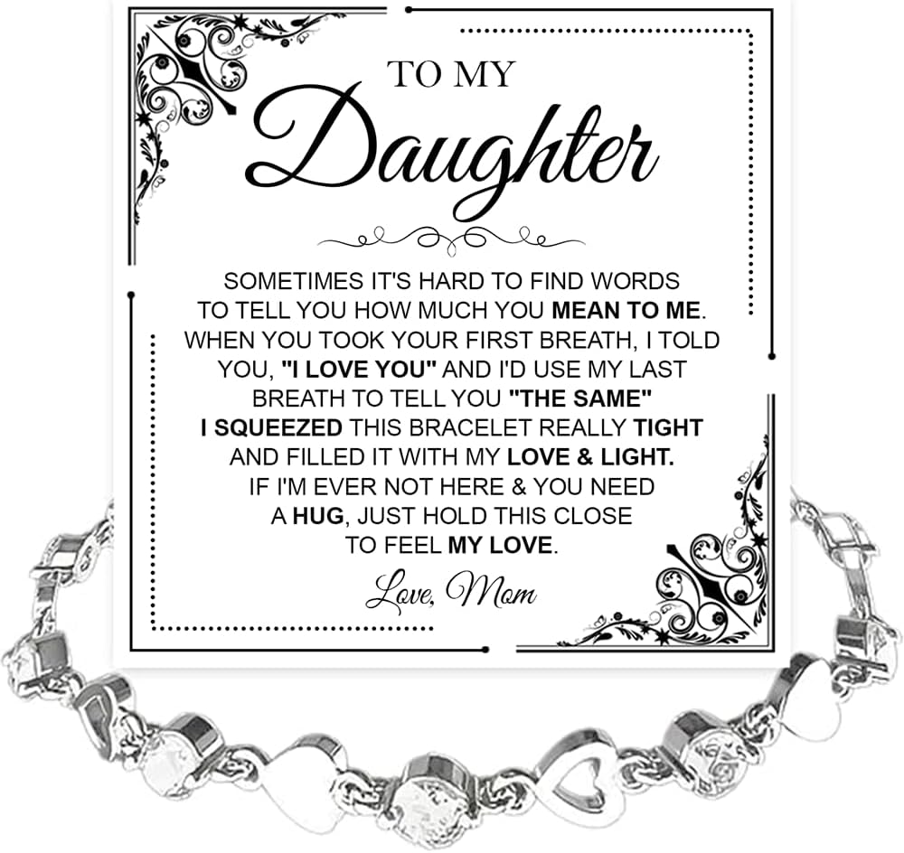 To My Daughter Bracelet, Silver Heart Chain Bracelet with Shiny Stones, Perfect Birthday or Graduation Christmas Gift for Daughter with Message Card Gift Box