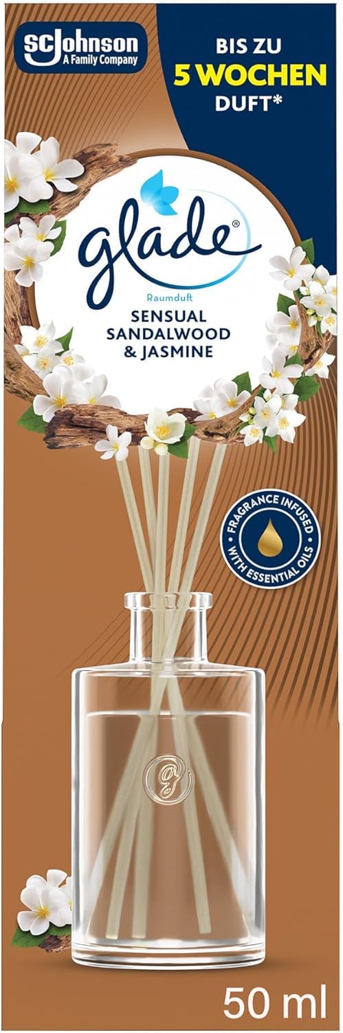 Glade Raumduft Set Sandalwood & Jasmine – Automatic Spray + 2 Nachfüller, Duftstecker Starter Set + 2x 20 ml Nachfüller, 2 Duftkerzen je 112 g & Duftstäbchen Diffuser