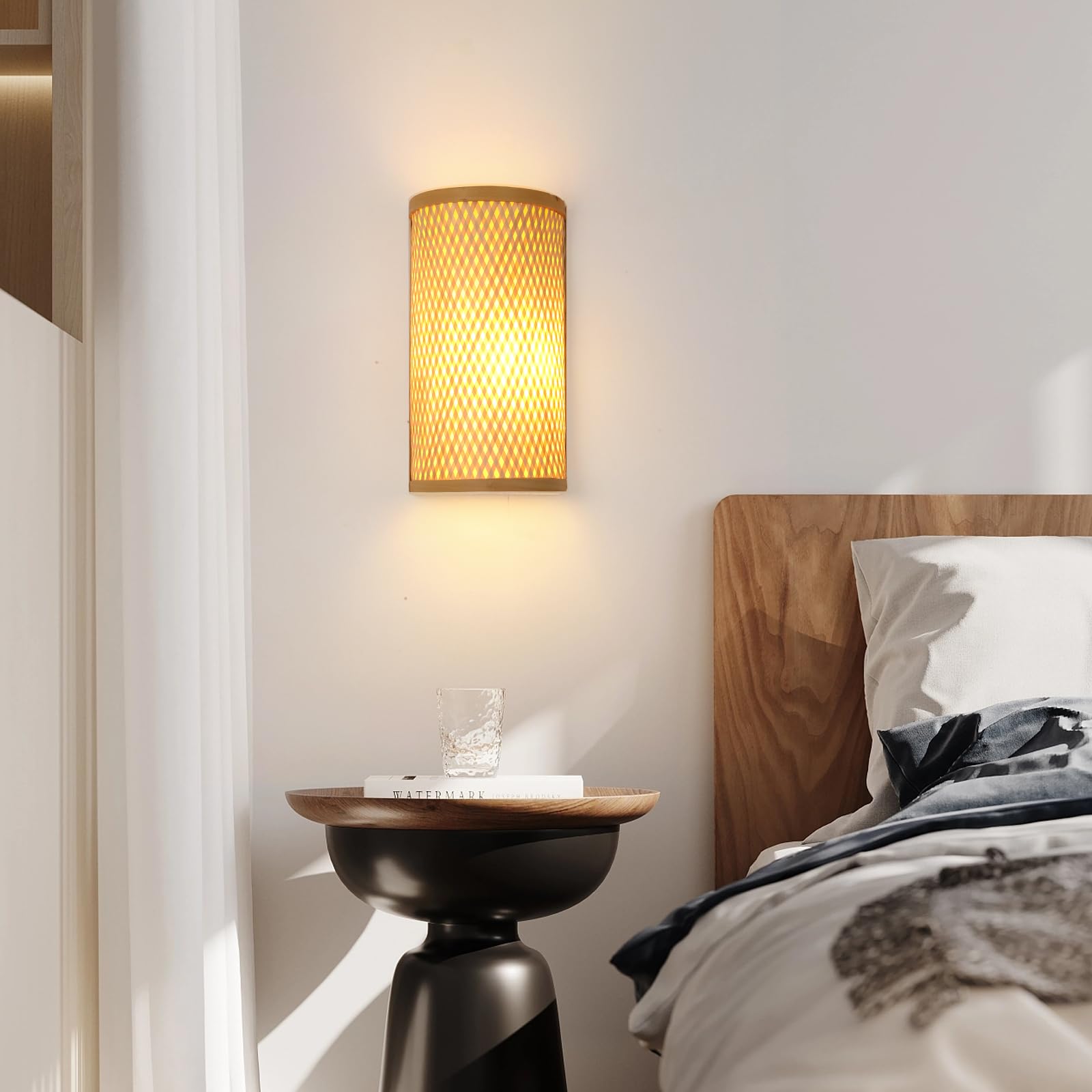 Applique da parete per interni Lampada in vimini e bambù Fai da te Paralume in rattan Apparecchi di illuminazione rustici Applique da parete Decor per soggiorno Ristorante Bar Corridoio,E27
