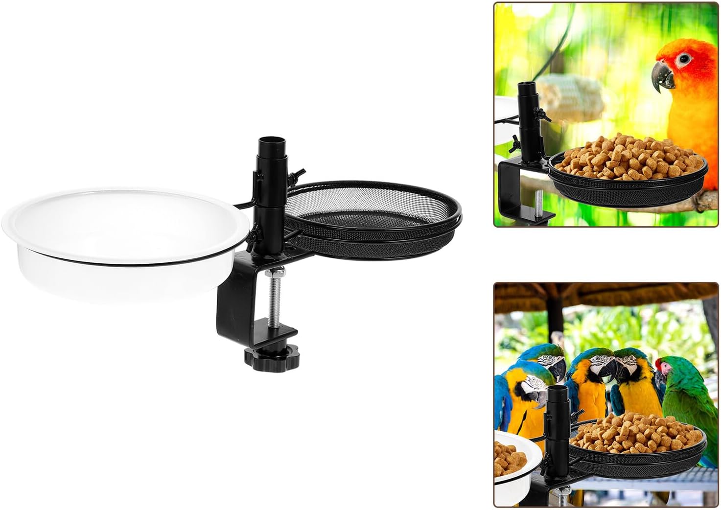 TEHAUX Bird Food Holder and Deck Bird Feeder Stand with Metal Clamp, Washable Platform Tray for Outdoor Garden, Balcony, Patio Feeding and Watering Supplies