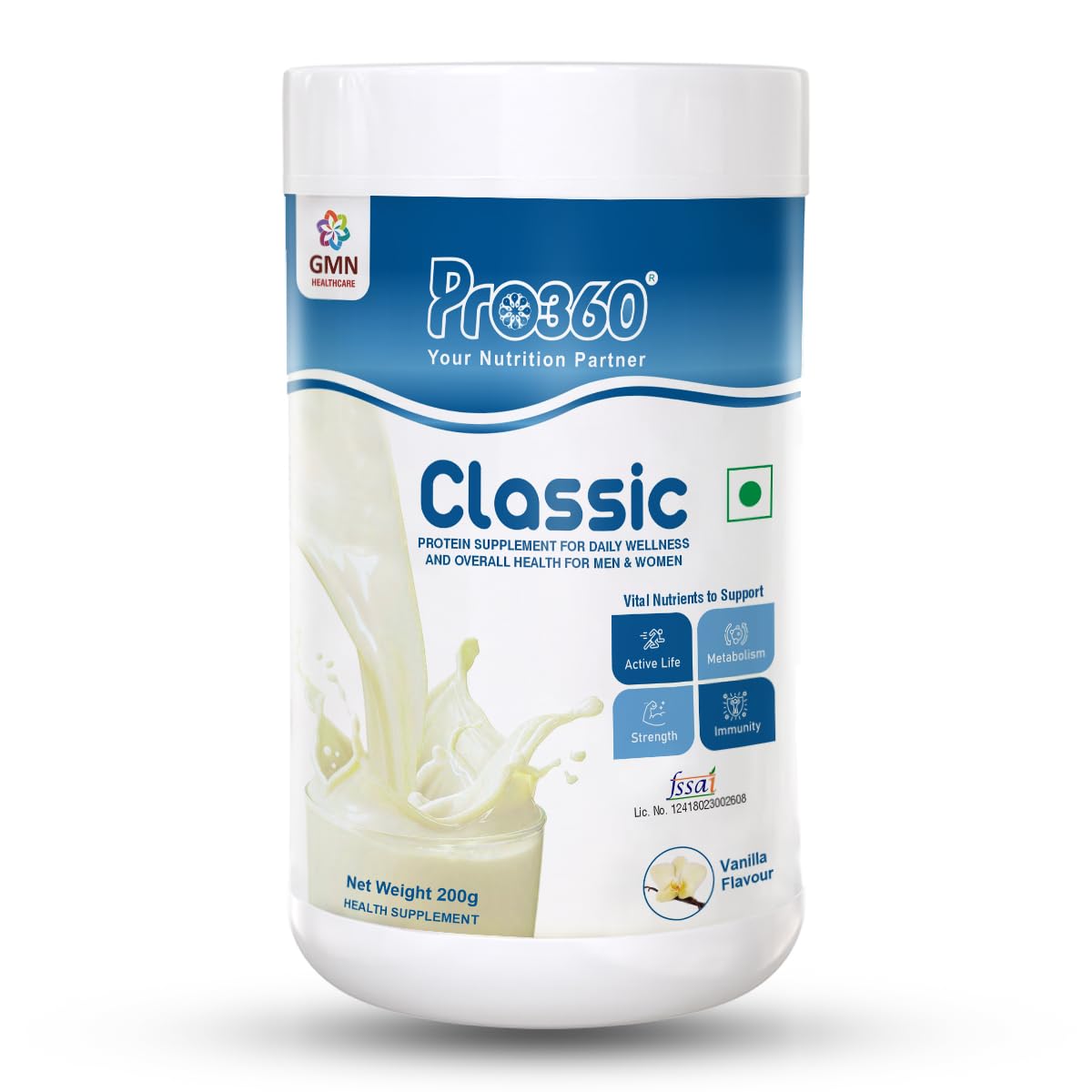 pro360 classic daily wellness health supplement family nutrition protein powder for men and women (200g, vanilla)