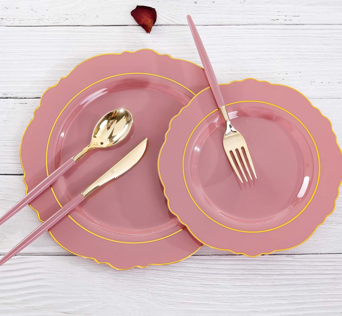 Nervure 100PCS Mauve Pink Plastic Plates With Gold Rim - Mauve and Gold Disposable Plates with Mauve Handle For Wedding & Party & Serve For 20 Guests