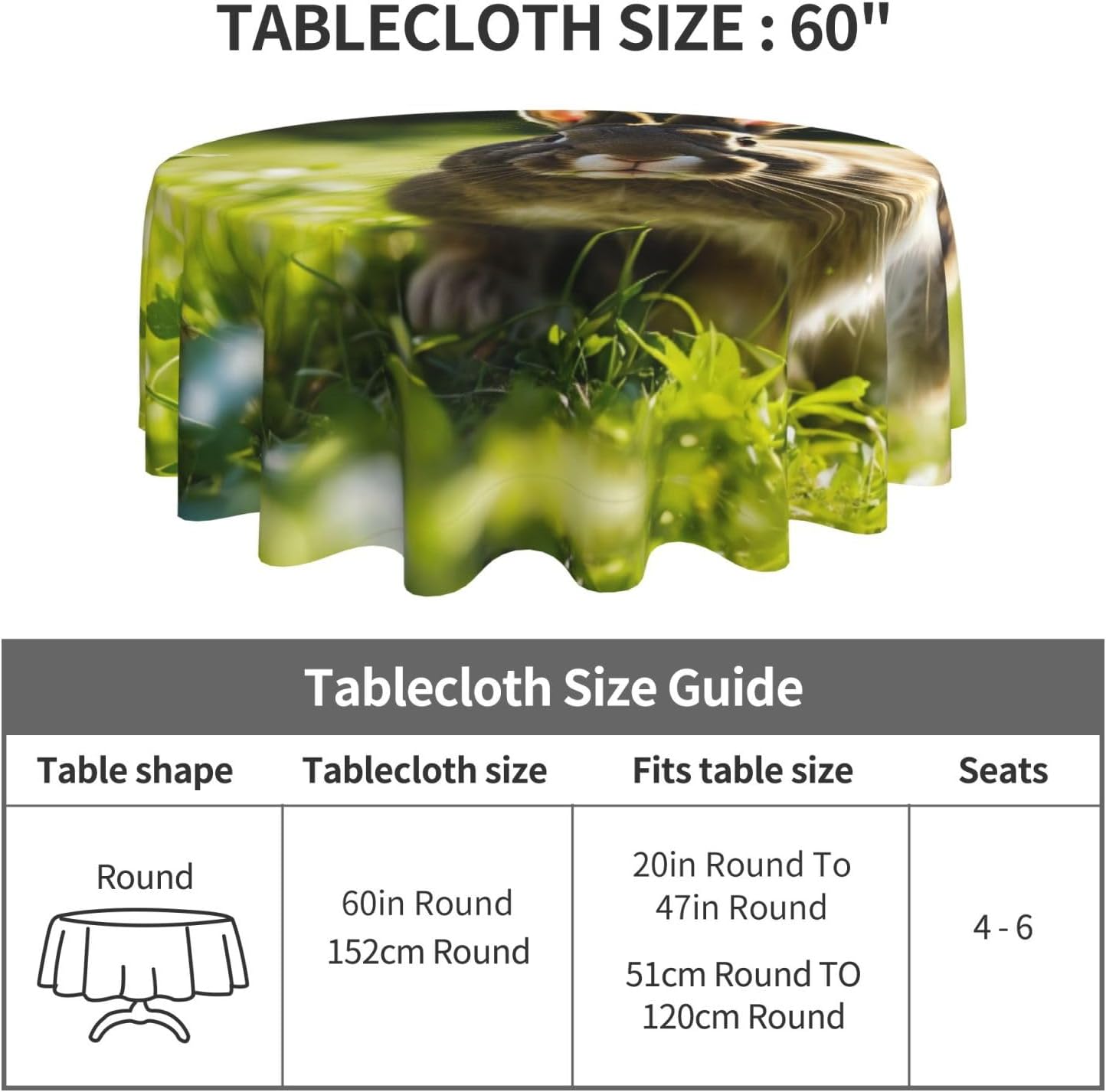 Bunny Rabbits Print Wrinkle Free Dining Table Cover for Birthday Party Farmhouse Tablecloths Up to 60 x 60 Inches